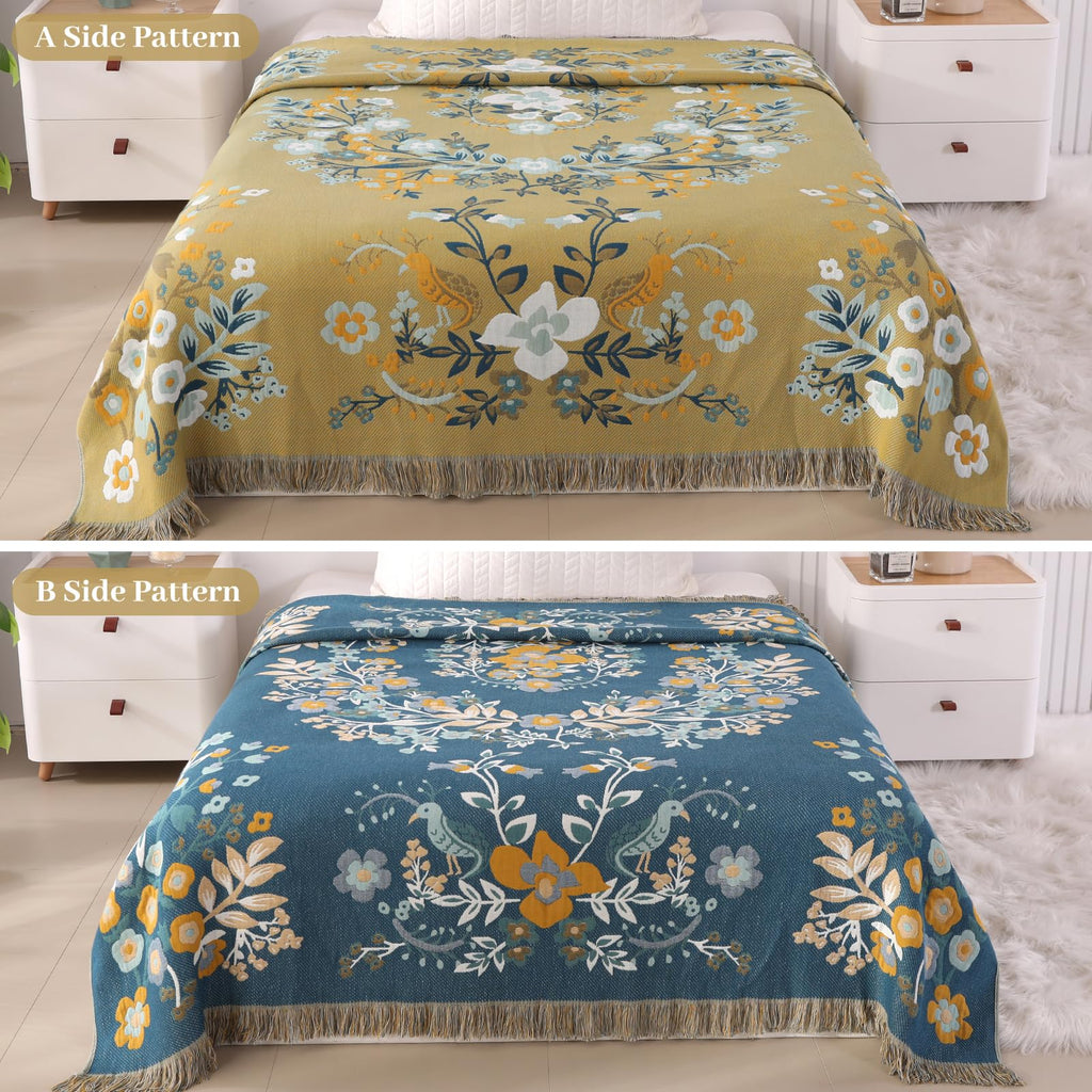 DECMAY Boho 100% Cotton Throw Blanket – Reversible Tasseled Sofa Cover