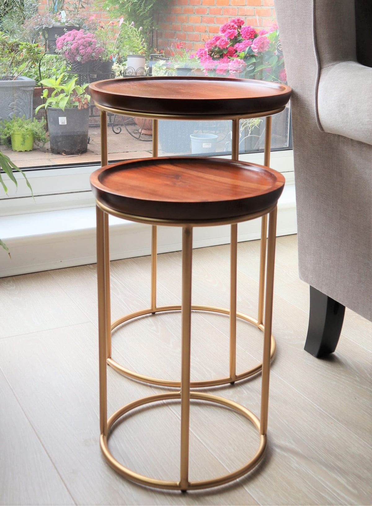 ASPECT Delphyne Wooden Round Nest Of 2 Tables With Metal Legs Brown/Gold - image 3