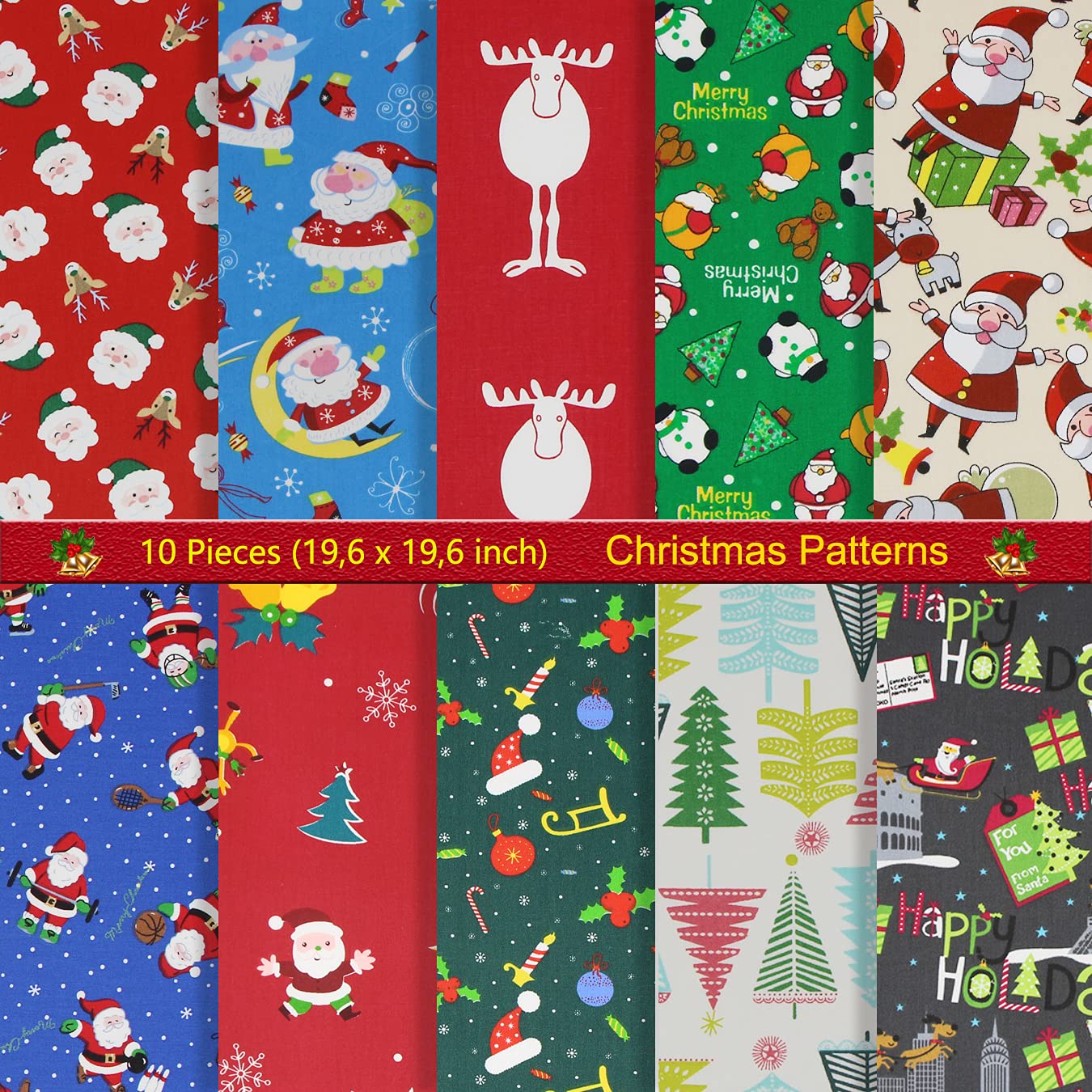 Aufodara 10pcs Christmas Cotton Fabric Bundles – 50x50cm Quilting Scraps