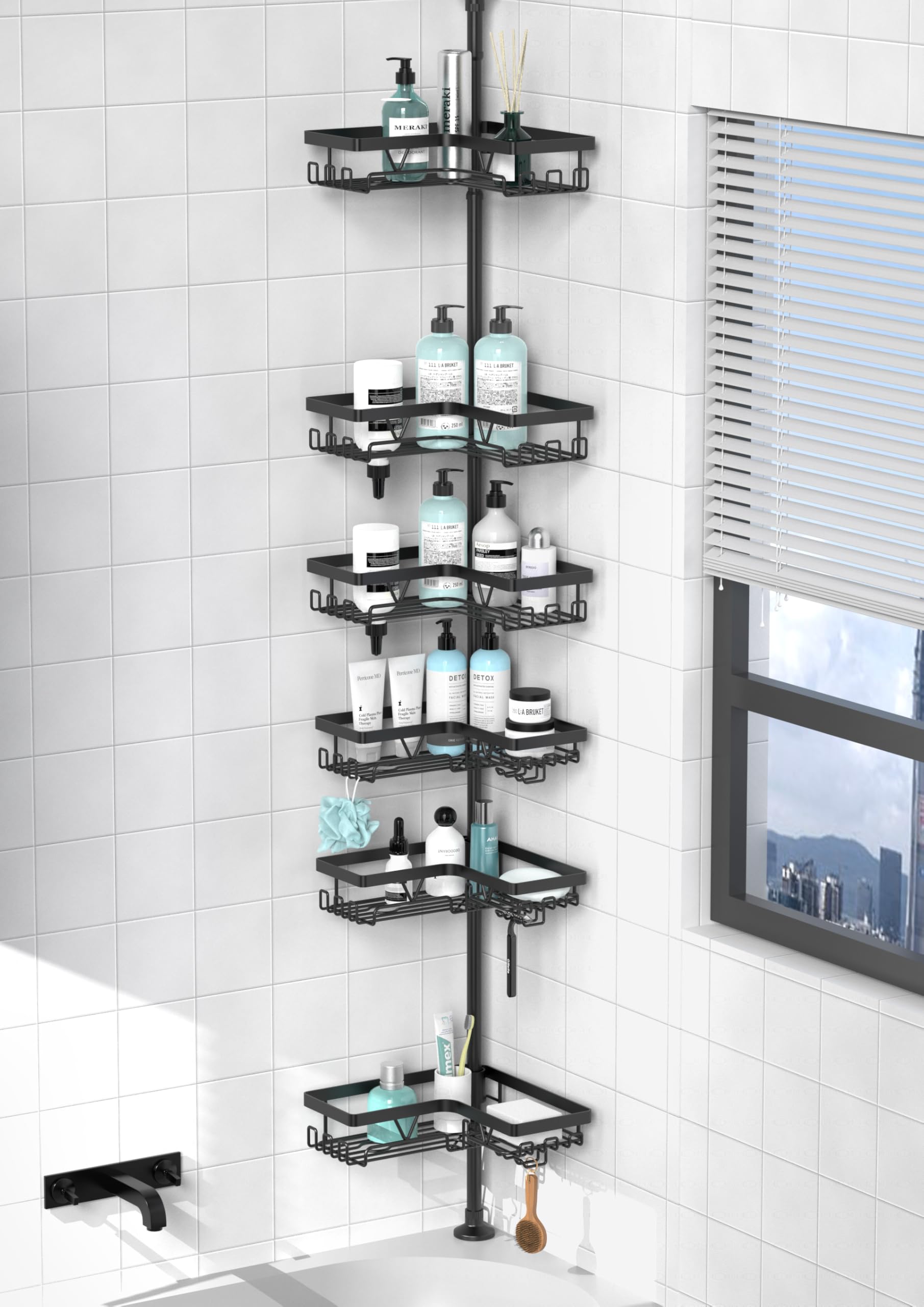 Kegii 6-Tier Tension Pole Shower Caddy | Black Stainless Steel Corner Shelf
