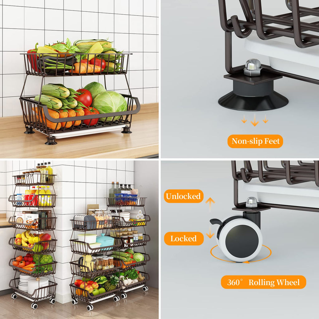 Jolof Store 4-Tier Stackable Metal Wire Fruit Basket Cart with Wheels