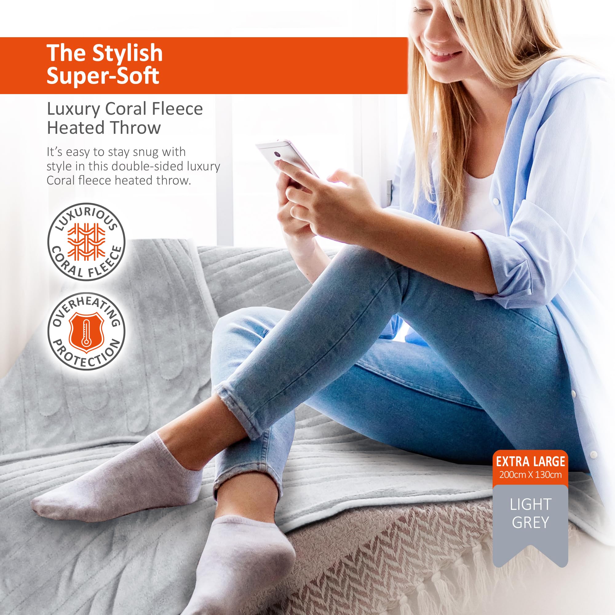 Wärmer Electric Heated Throw Blanket – Extra Large 200x130cm Light Grey
