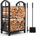 Amagabeli Wrought Iron Fireplace Log Rack with 4 Tools - Indoor Outdoor