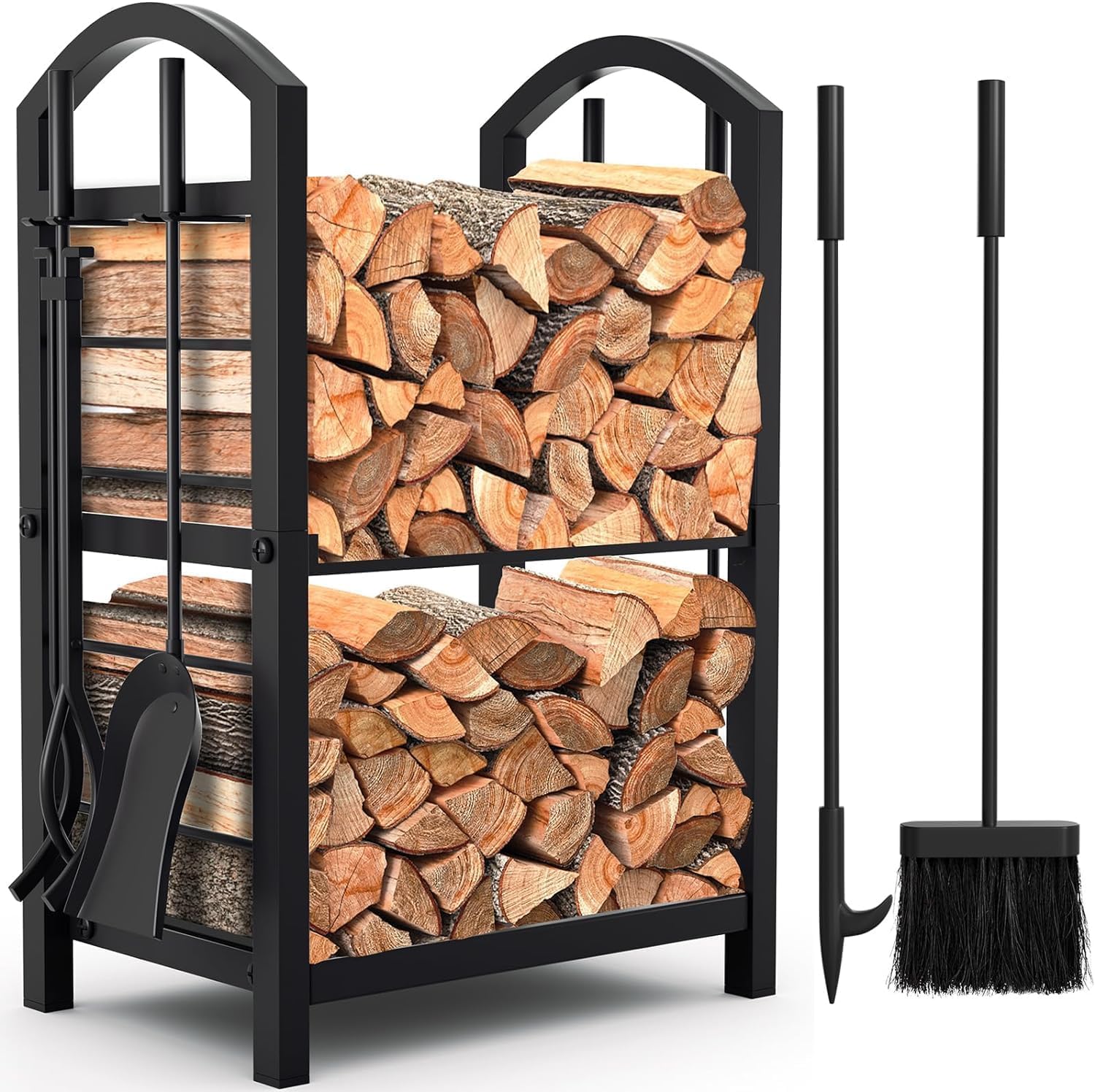 Amagabeli Wrought Iron Fireplace Log Rack with 4 Tools - Indoor Outdoor