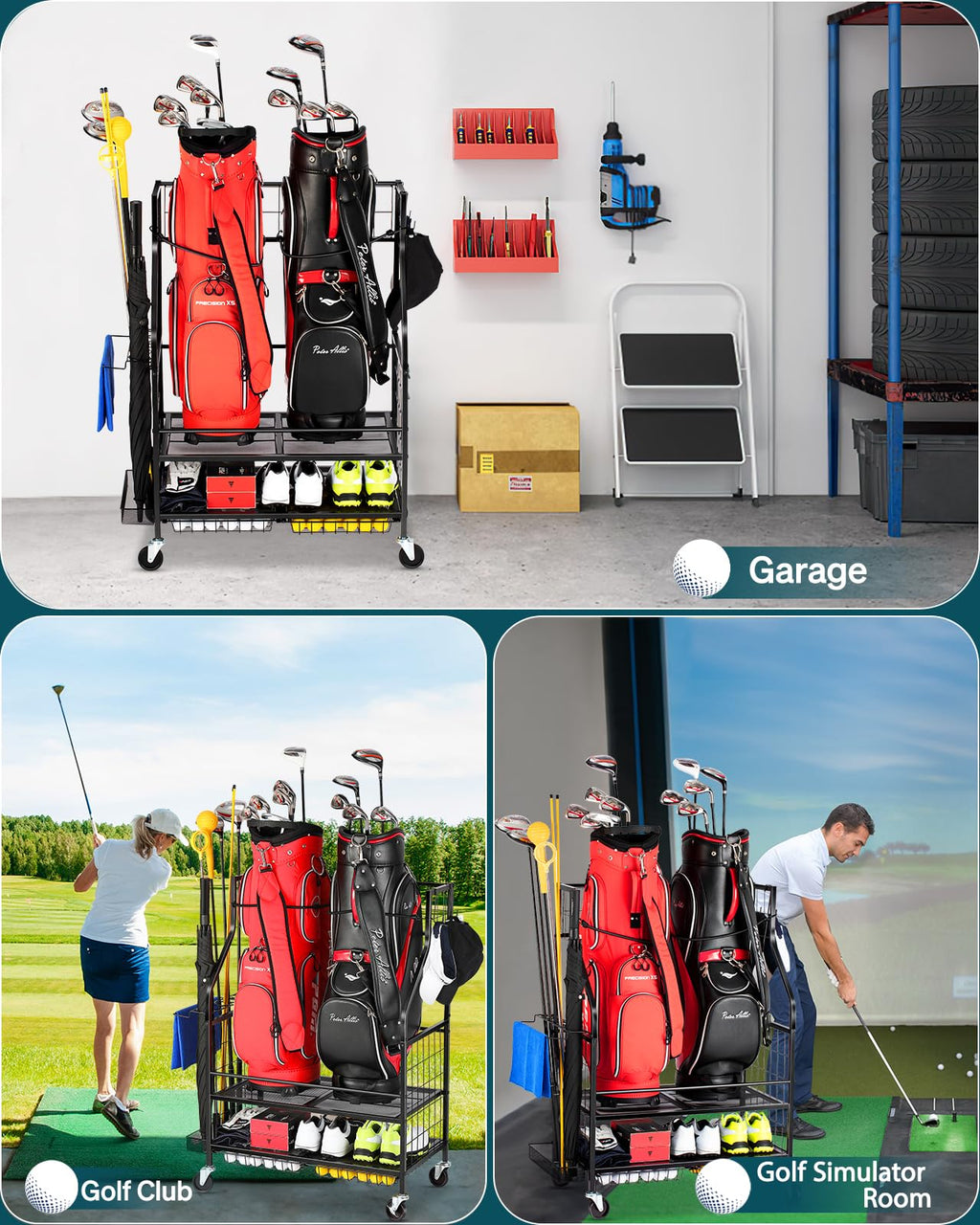 EXTCCT Golf Bag Storage Garage Organizer | Mobile 2-Bag Steel Rack