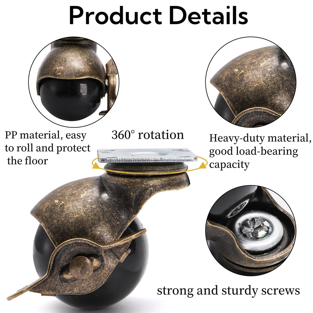 Goaste 8 Pack 50mm Ball Caster Wheels, Antique Brass Swivel Casters with Brakes, Vintage Spherical Ball Casters with Sockets - image 3