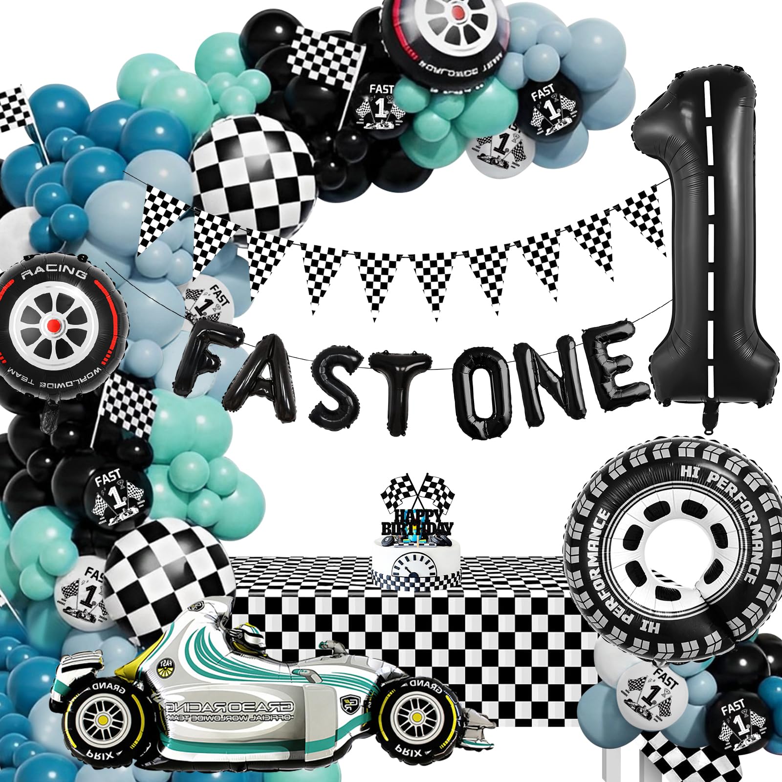 Jolof Store Race Car 1st Birthday Decorations - Fast One Party Balloon Kit
