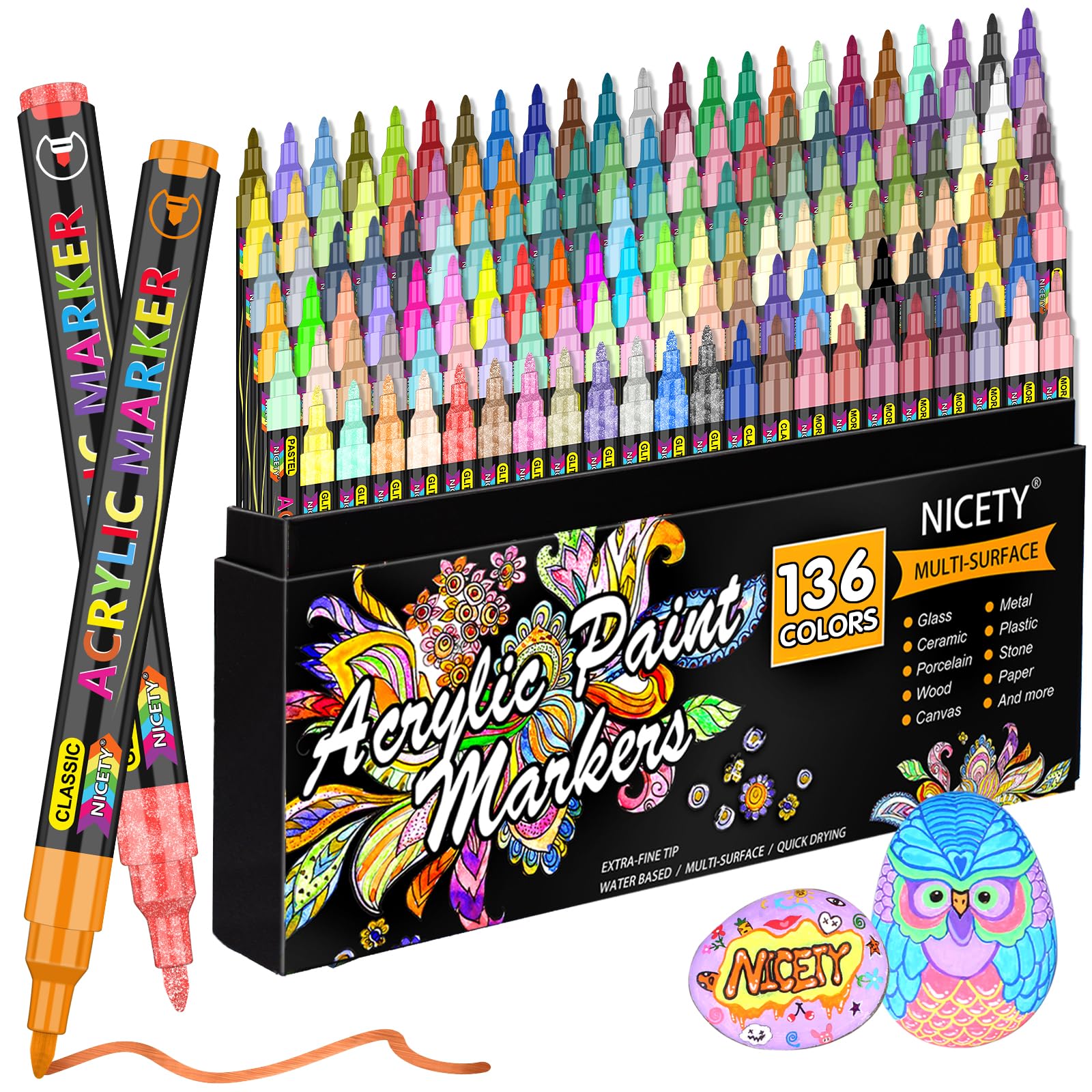 NICETY 136 Acrylic Paint Pens – 0.7mm Extra Fine Tip Markers for Rock Art
