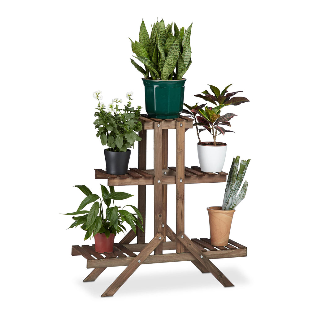 Wooden Flower Ladder Rack - 3-Tier Indoor Plant Stand, Dark Brown