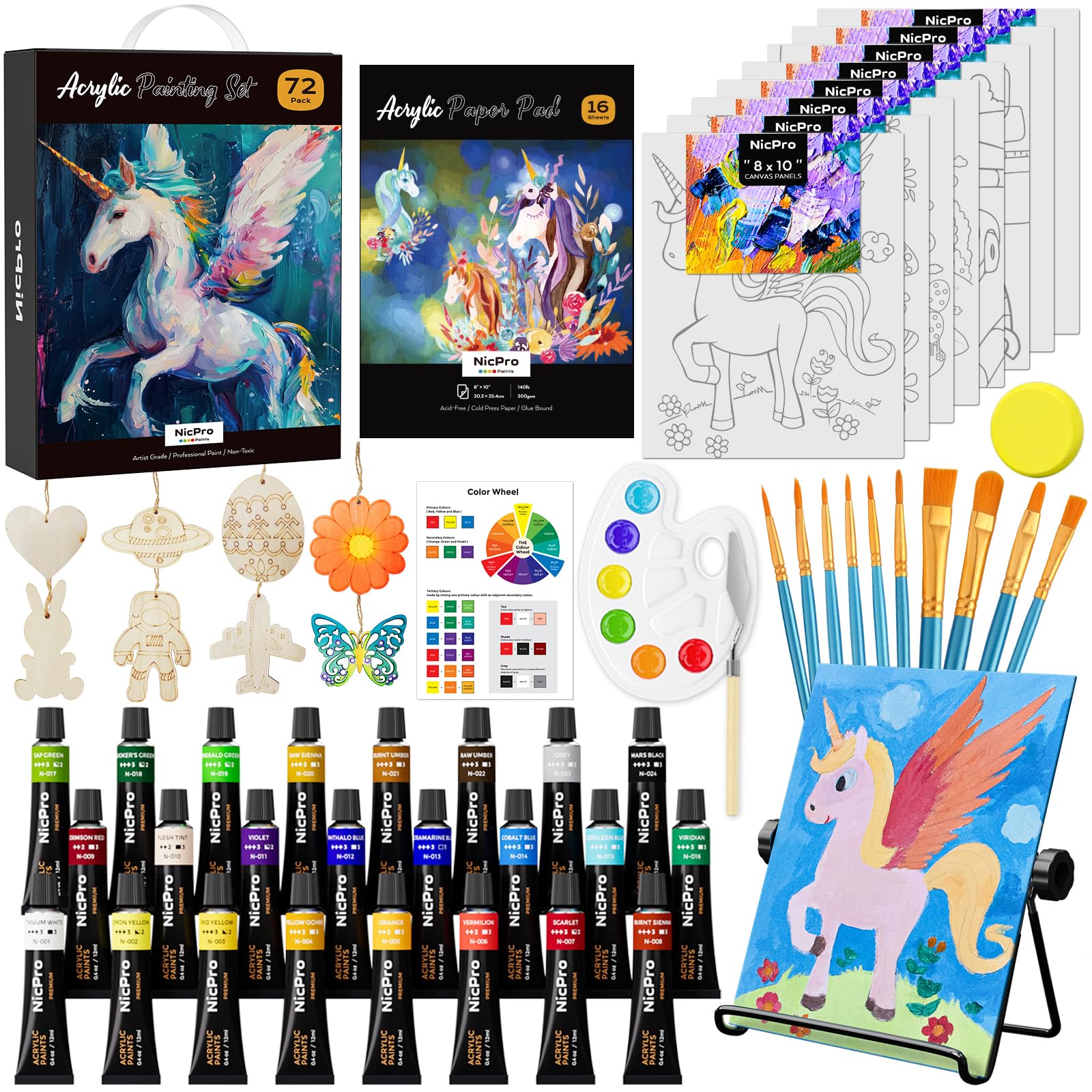 Nicpro 72-Piece Acrylic Painting Set with Table Easel and Pattern Canvas