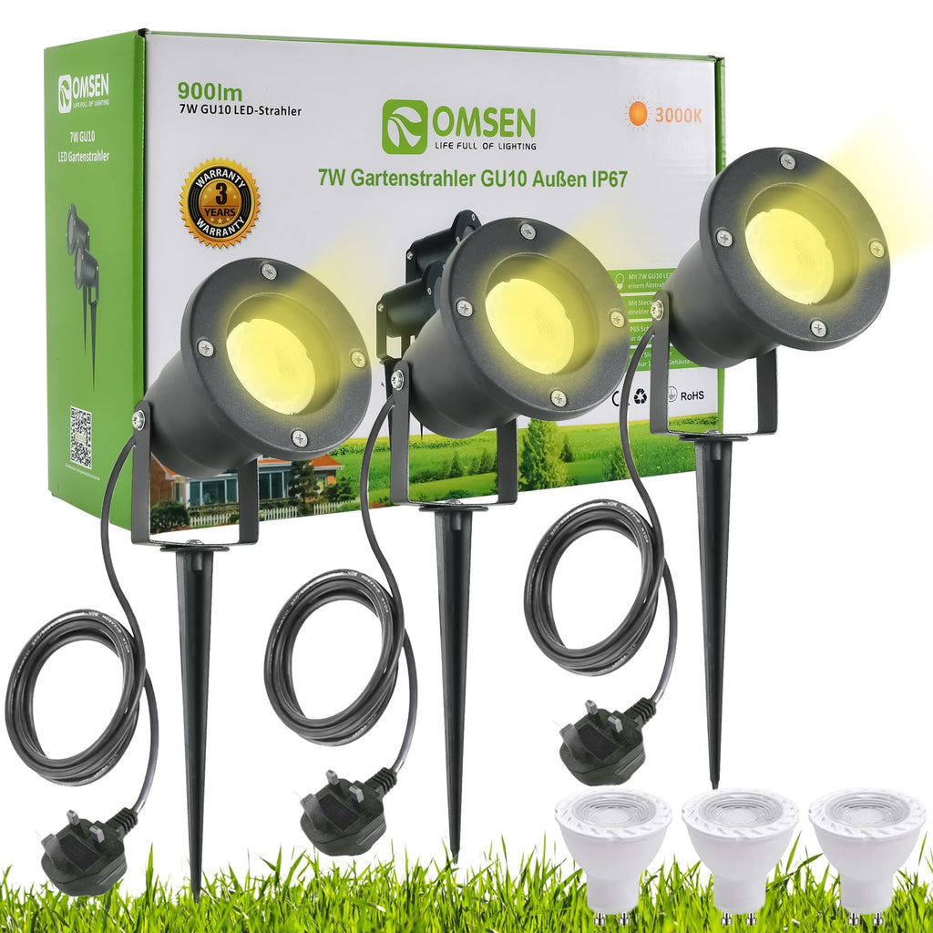 OMSEN Garden Spotlights | IP67 Waterproof GU10 Aluminium Spike Lights - 3 Pack