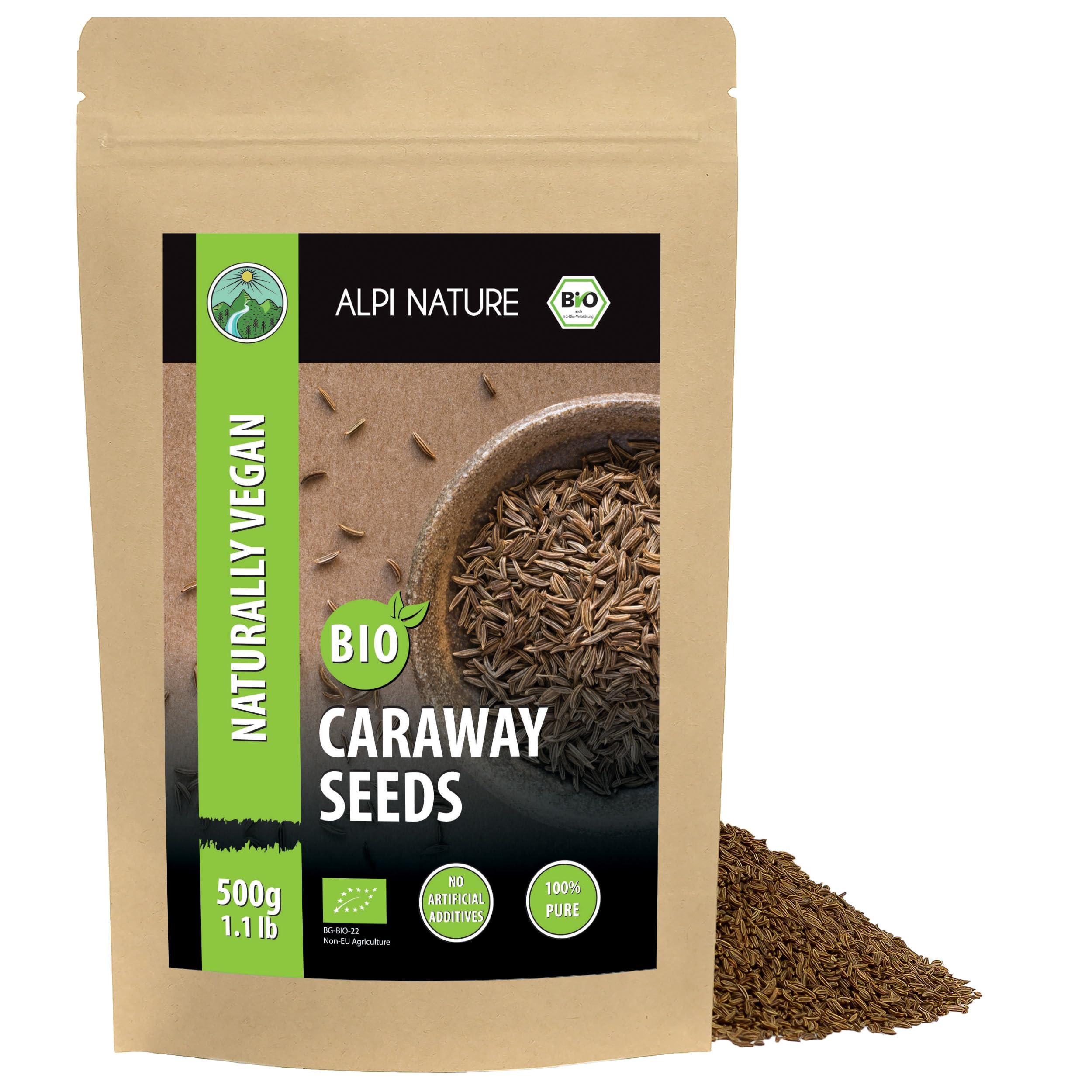 Alpi Nature Organic Whole Caraway Seeds – 500g (1.1 lb) for Baking