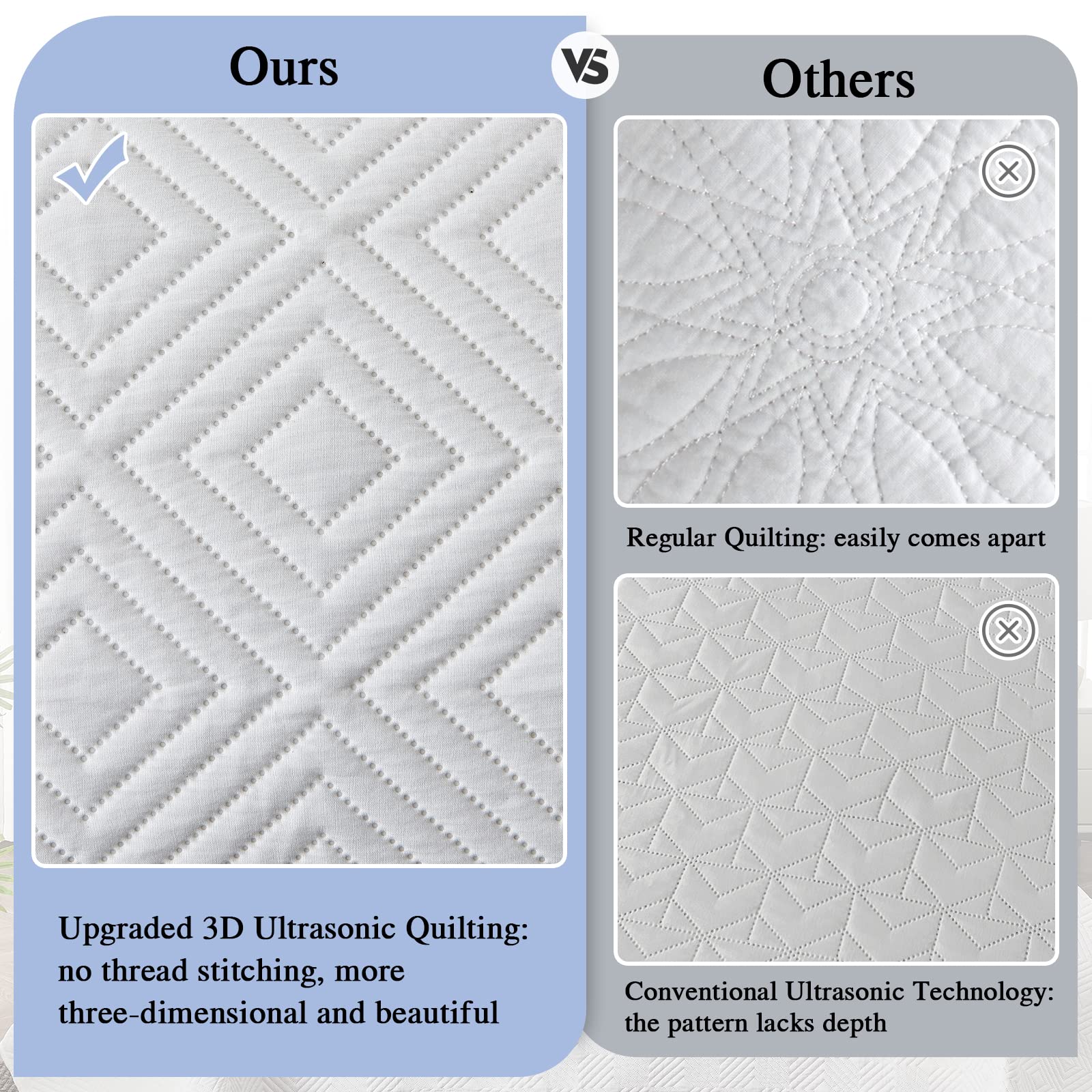 Qucover Super King White Quilted Bedspread – 3-Piece Geometric Summer Quilt