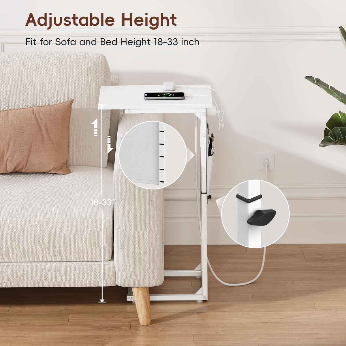 Vagusicc C-Shaped Side Table with Charging Station, Height Adjustable Sofa Side Table, Bedside Table, End Table for Small Spaces - image 5