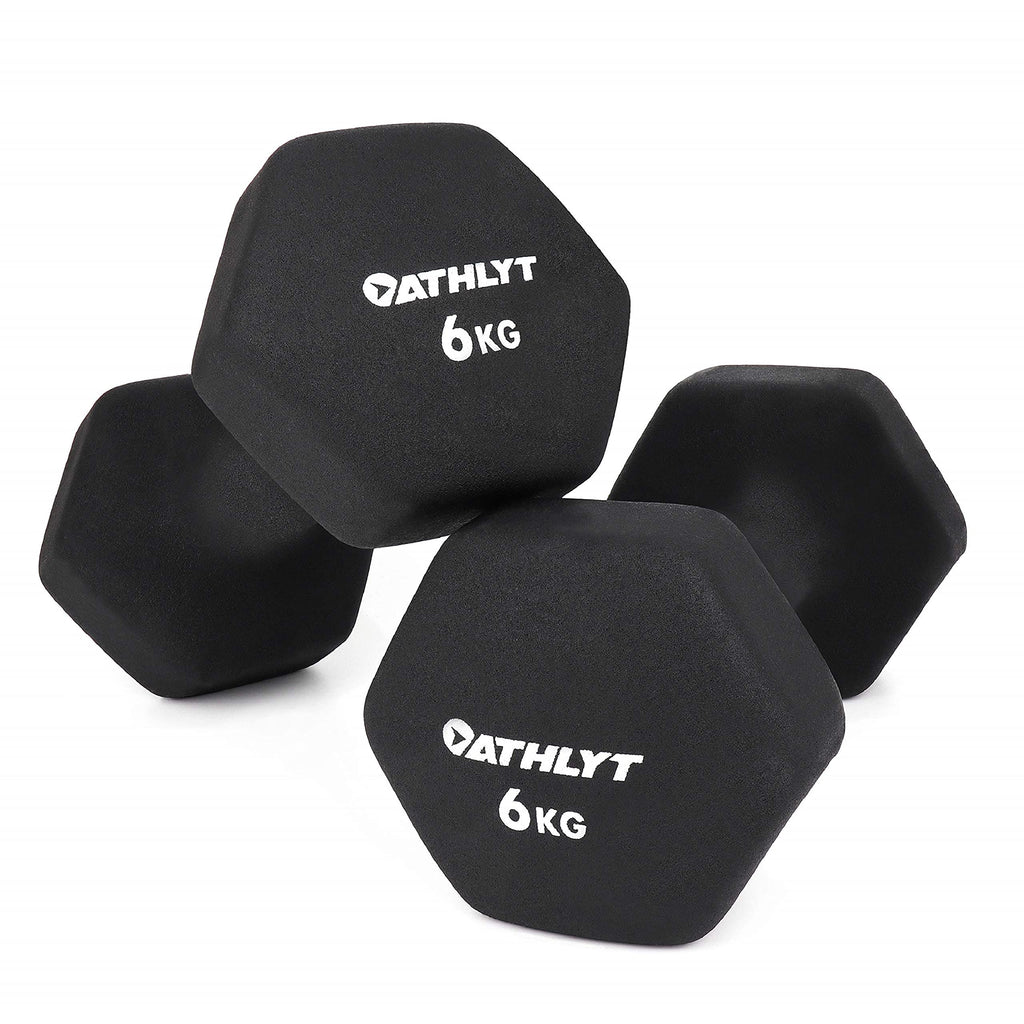 Athlyt Neoprene Dumbbell Weights – 2 x 6kg Hexagonal Black Hand Weights