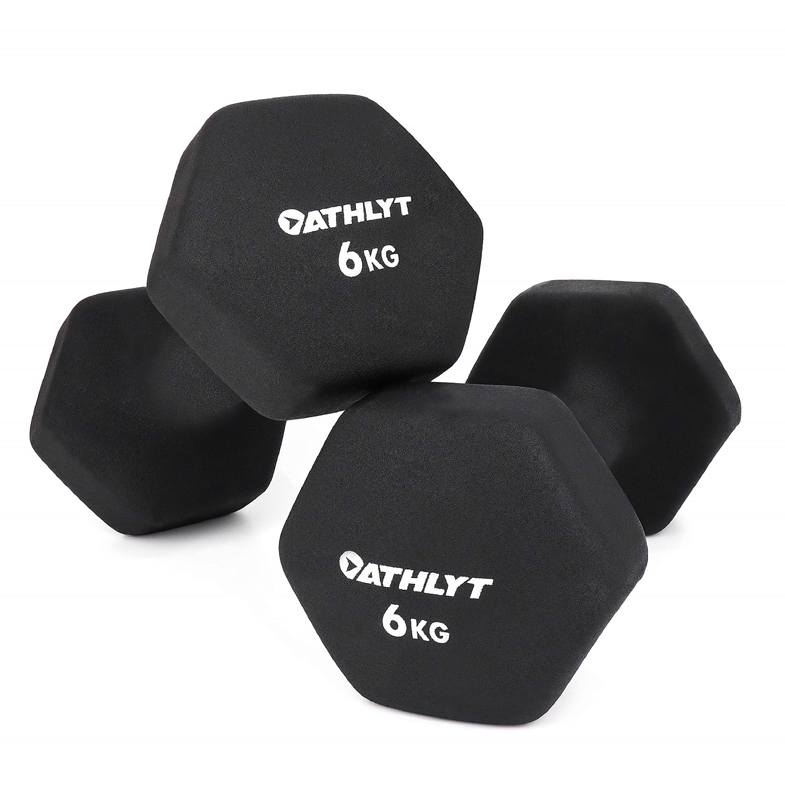 Athlyt Neoprene Dumbbell Weights – 2 x 6kg Hexagonal Black Hand Weights