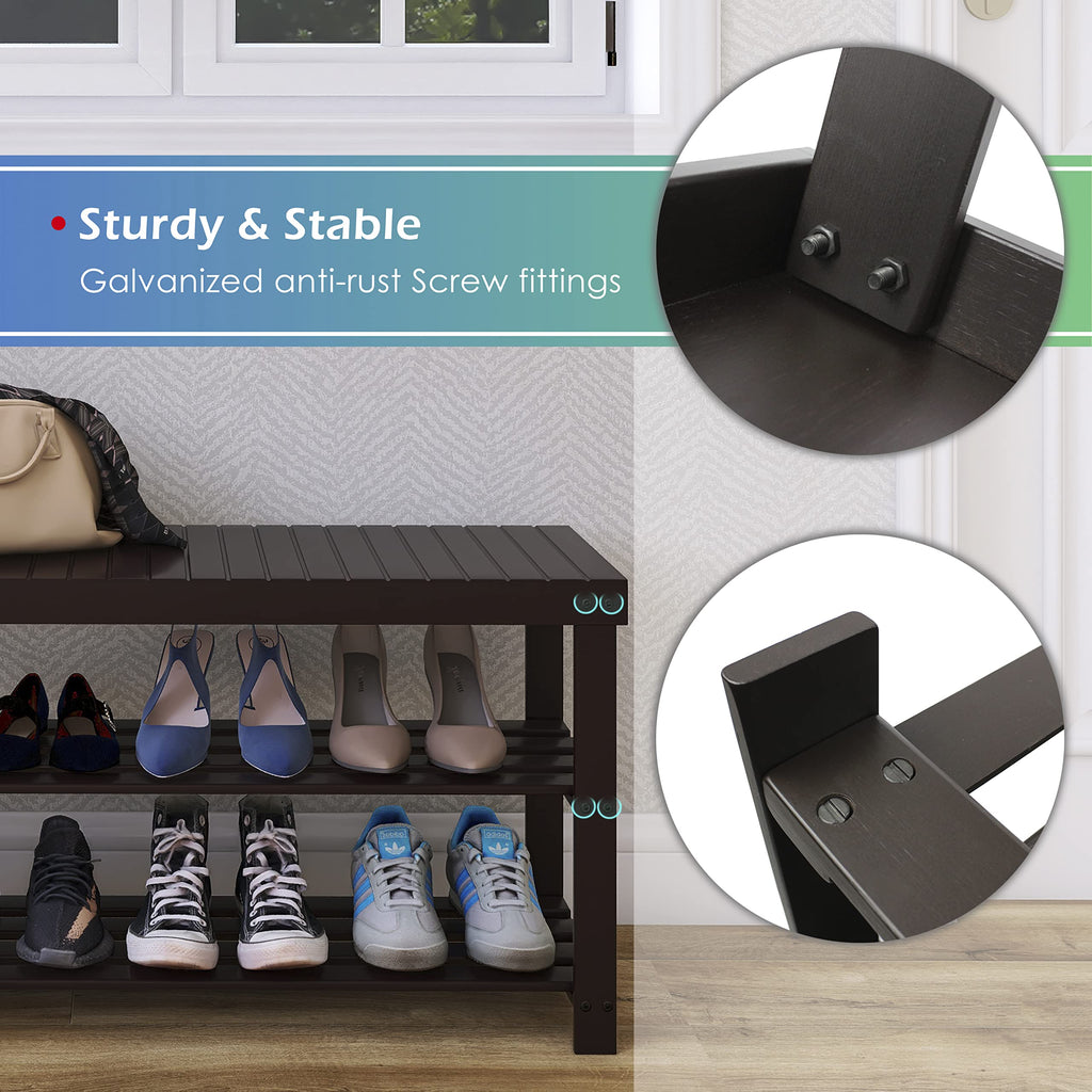SMIBUY 3-Tier Bamboo Shoe Rack Bench – Sturdy Entryway Storage, Dark Brown
