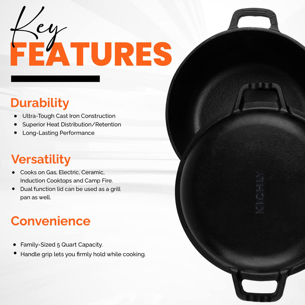 KICHLY 5 Qt Pre-Seasoned Cast Iron Dutch Oven with 2-in-1 Griddle Lid