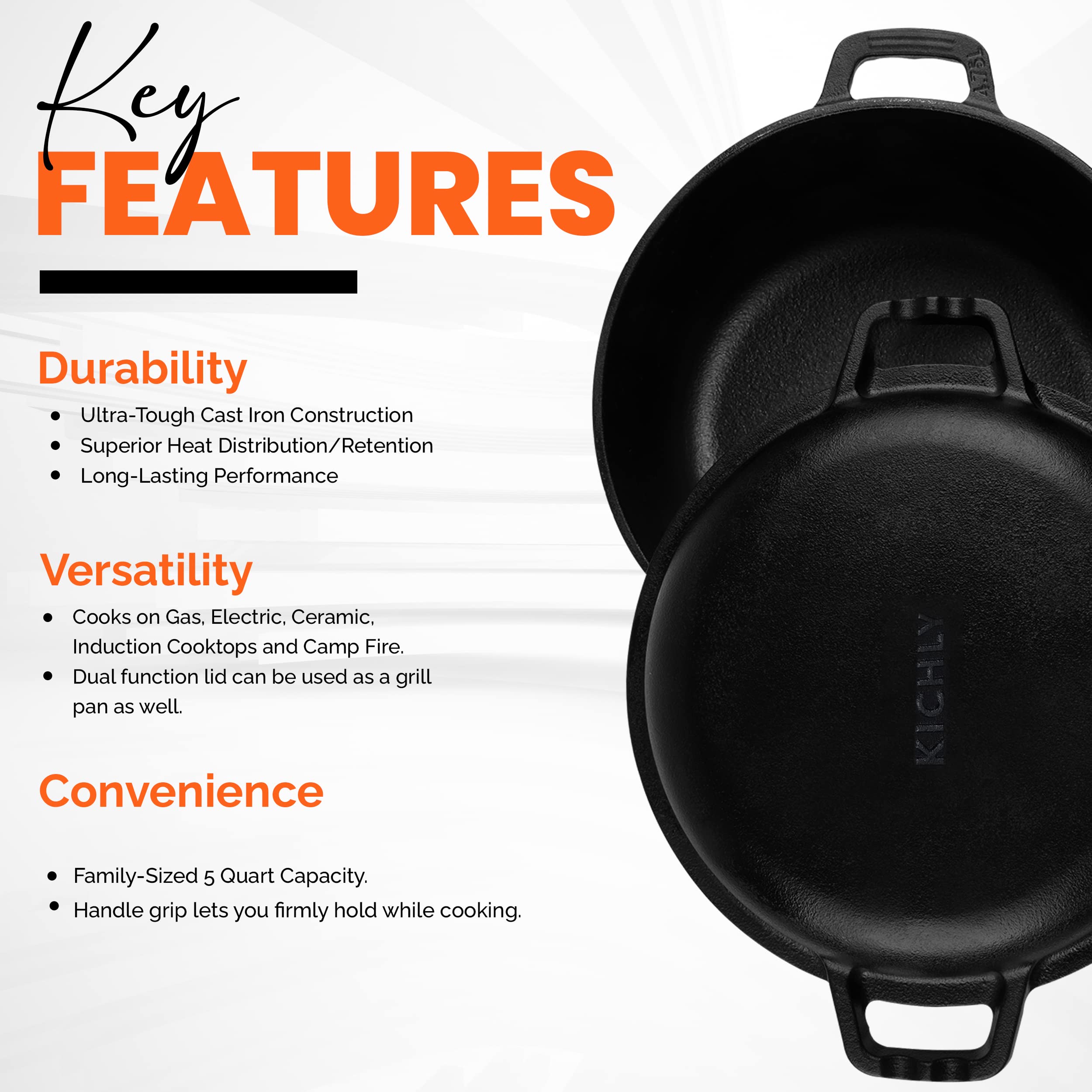 KICHLY 5 Qt Pre-Seasoned Cast Iron Dutch Oven with 2-in-1 Griddle Lid