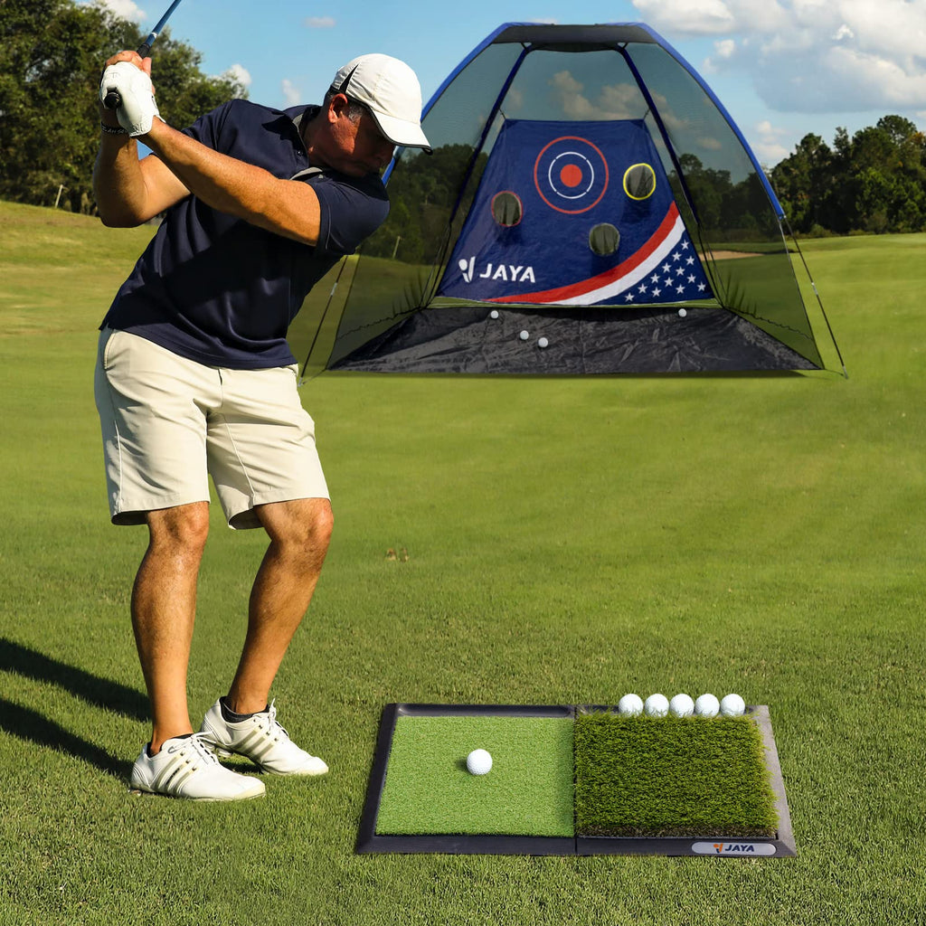 JAYA Dual Turf Golf Hitting Mat with Ball Tray and Heavy Rubber Base