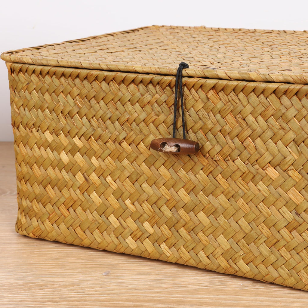 FEIALNDUO Wicker Shelf Baskets with Lid,Seagrass Storage Basket Bins Rectangular Handwoven Basket Boxes for Shelves Desktop Home Organizer - image 4