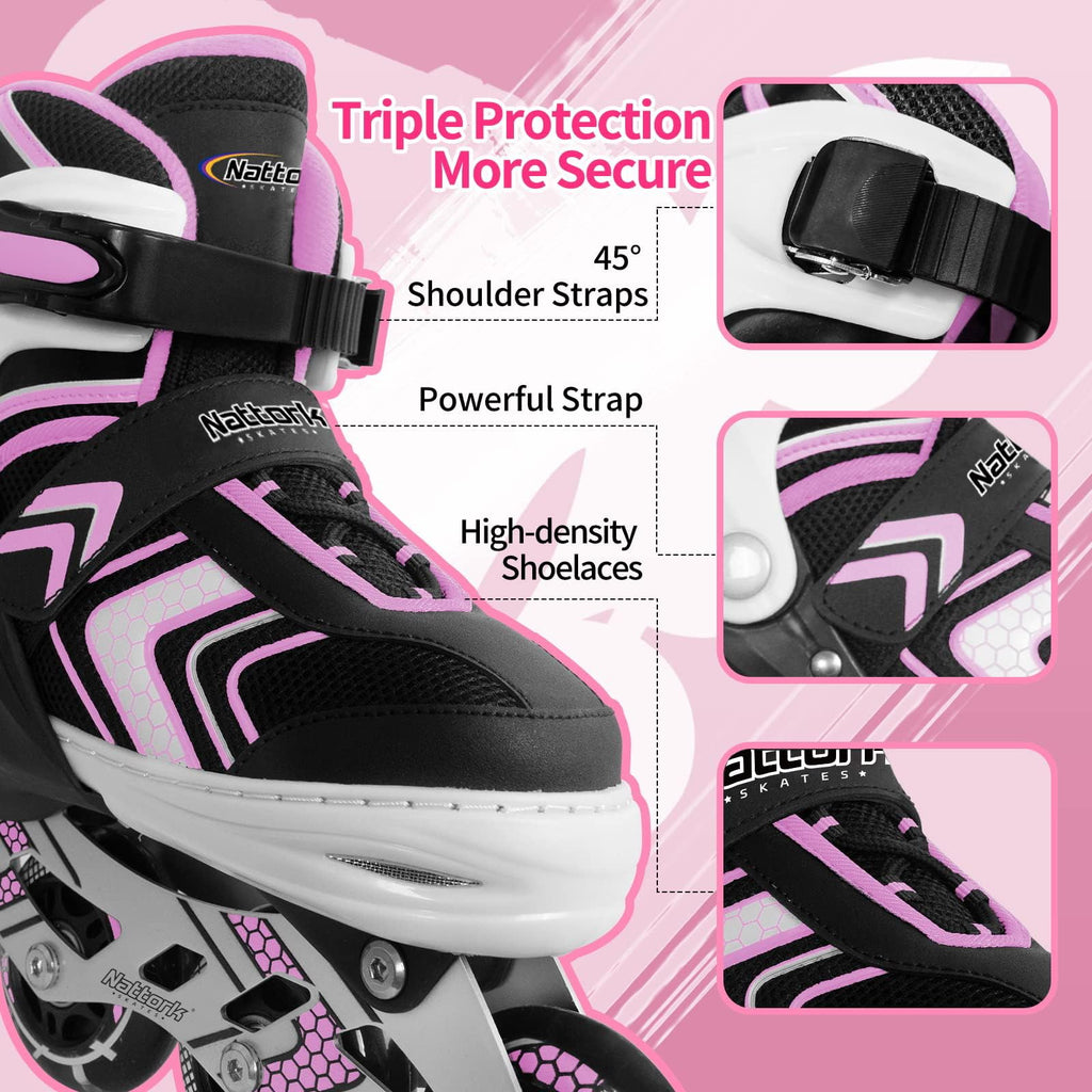 Nattork Kids Adjustable Inline Skates – Light Up Wheels for Girls, Pink