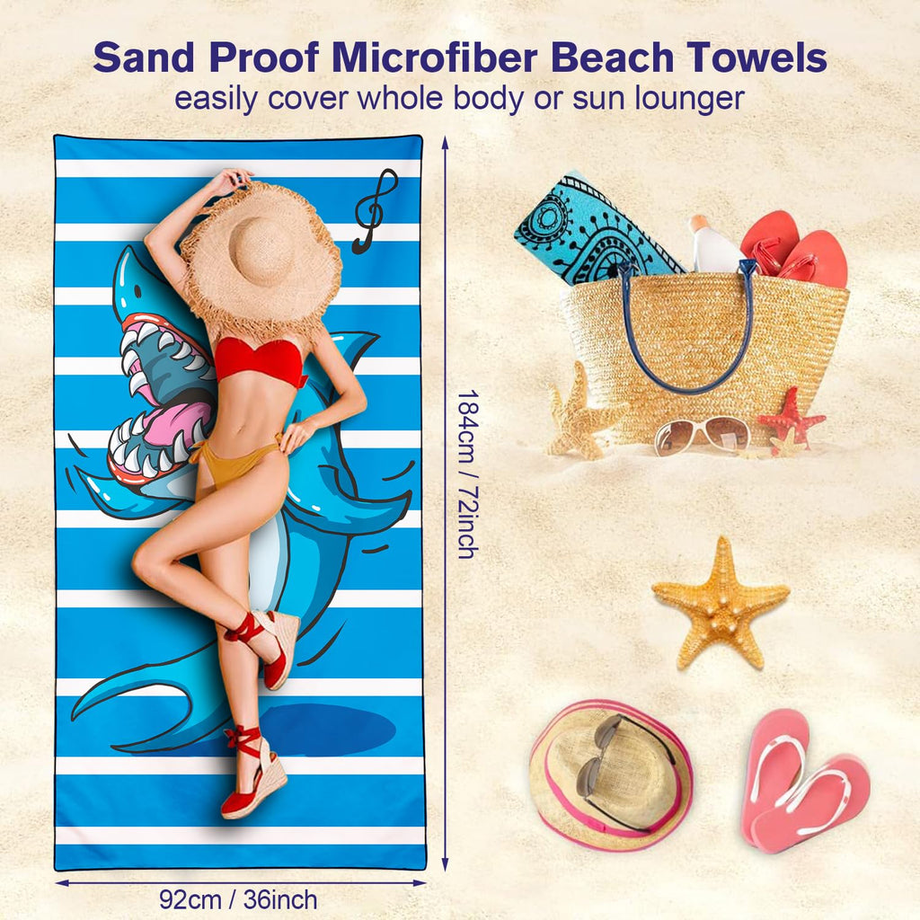 Violetpos Singing Shark Stripe Beach Towel, Extra Large 180x90 cm 250GSM Microfibre, Sand Free Quick Dry - image 5