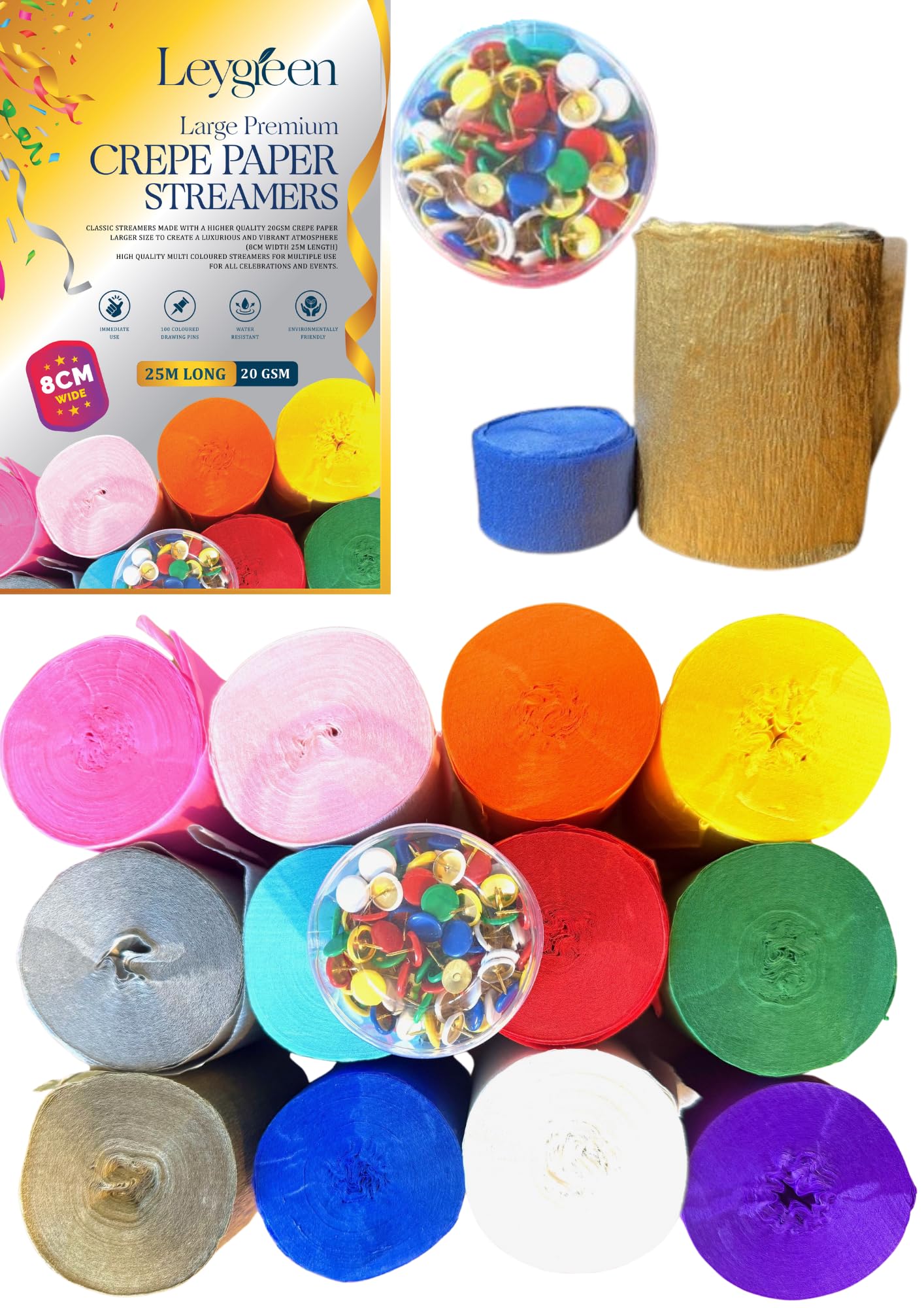 Leygreen Extra Large Crepe Paper Streamers | 12 Colours | 8cm x 25m Rolls