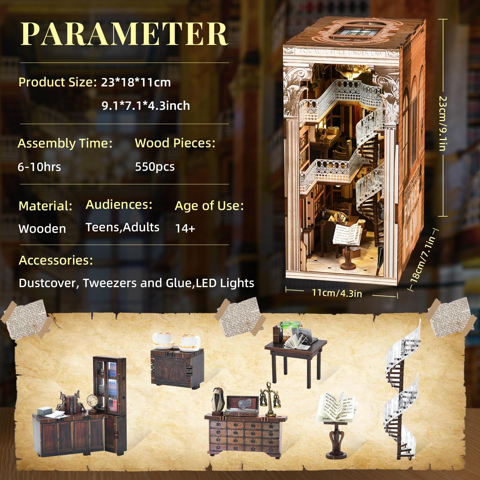 3D Wooden Book Nook Kit – DIY Miniature Bookend with LED Light