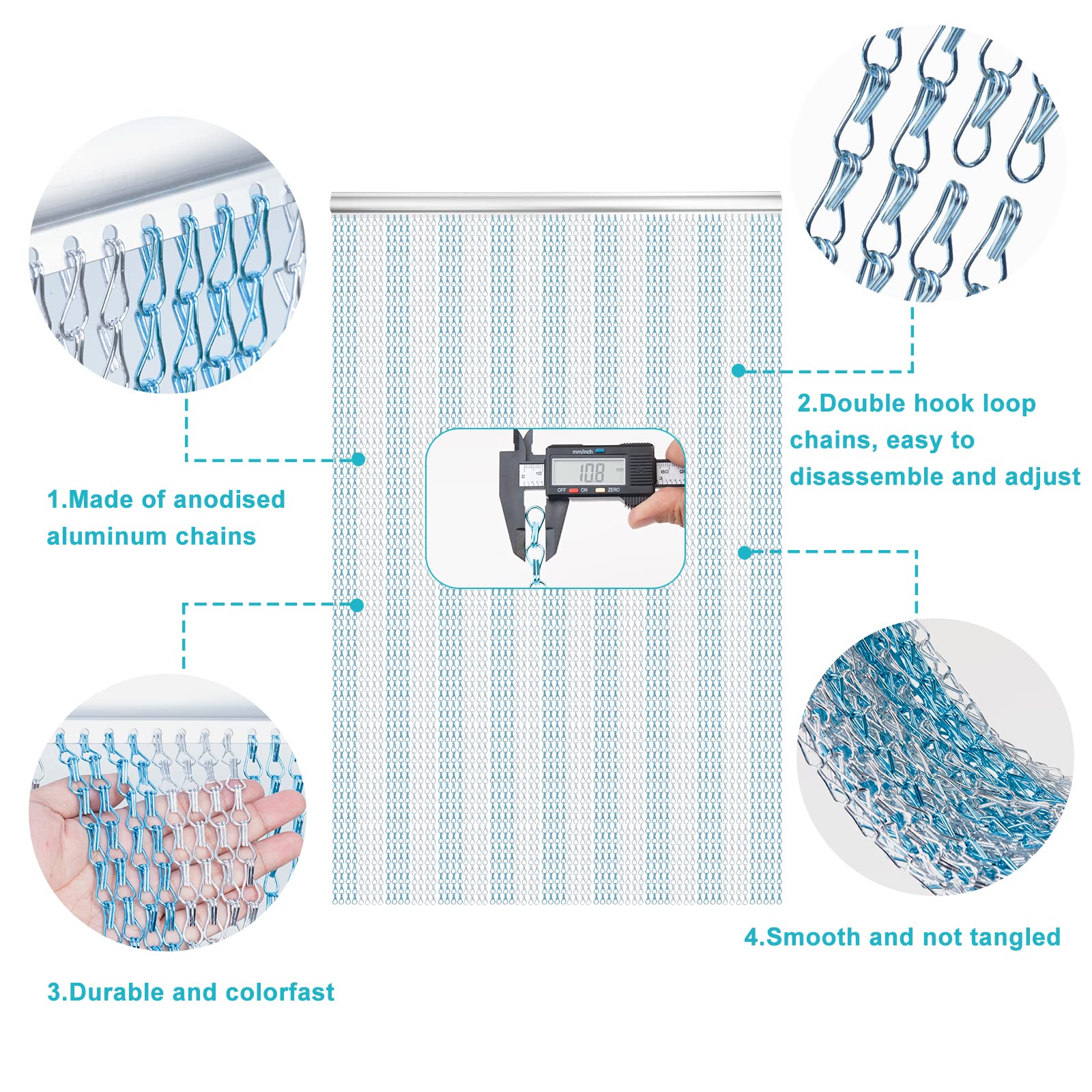 LYMMIYTC Aluminium Chain Door Curtain - 90x200cm Metal Fly Screen, Blue & Silver