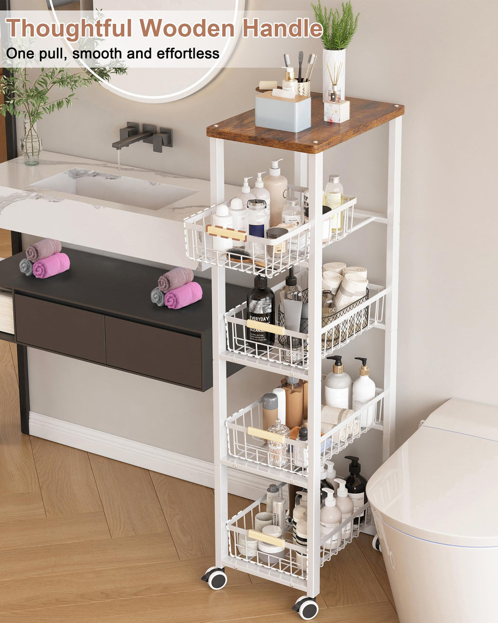 Ornestia 5-tier Vegetable Rack with Wooden Top for Kitchen Storage（White - image 5
