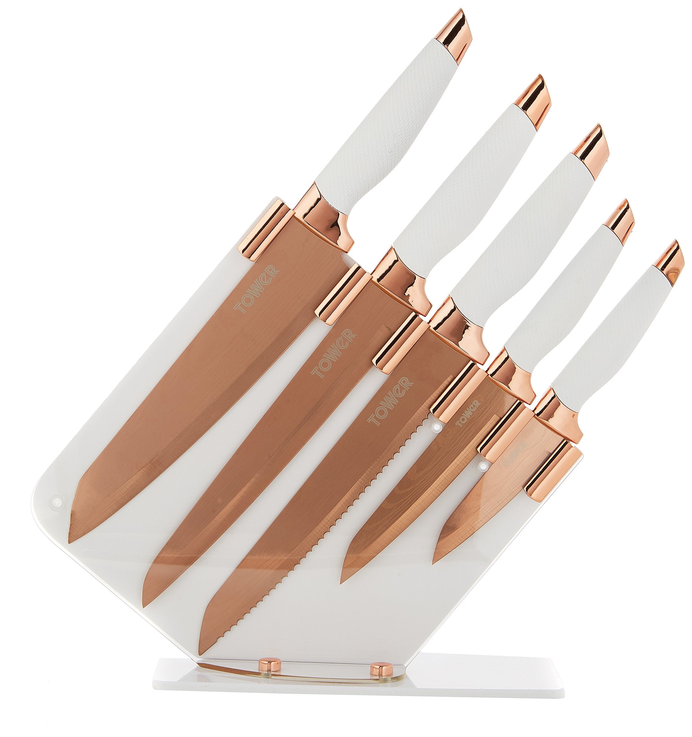 Tower 5 Piece Damascus Effect Knife Set | Rose Gold & White Stainless