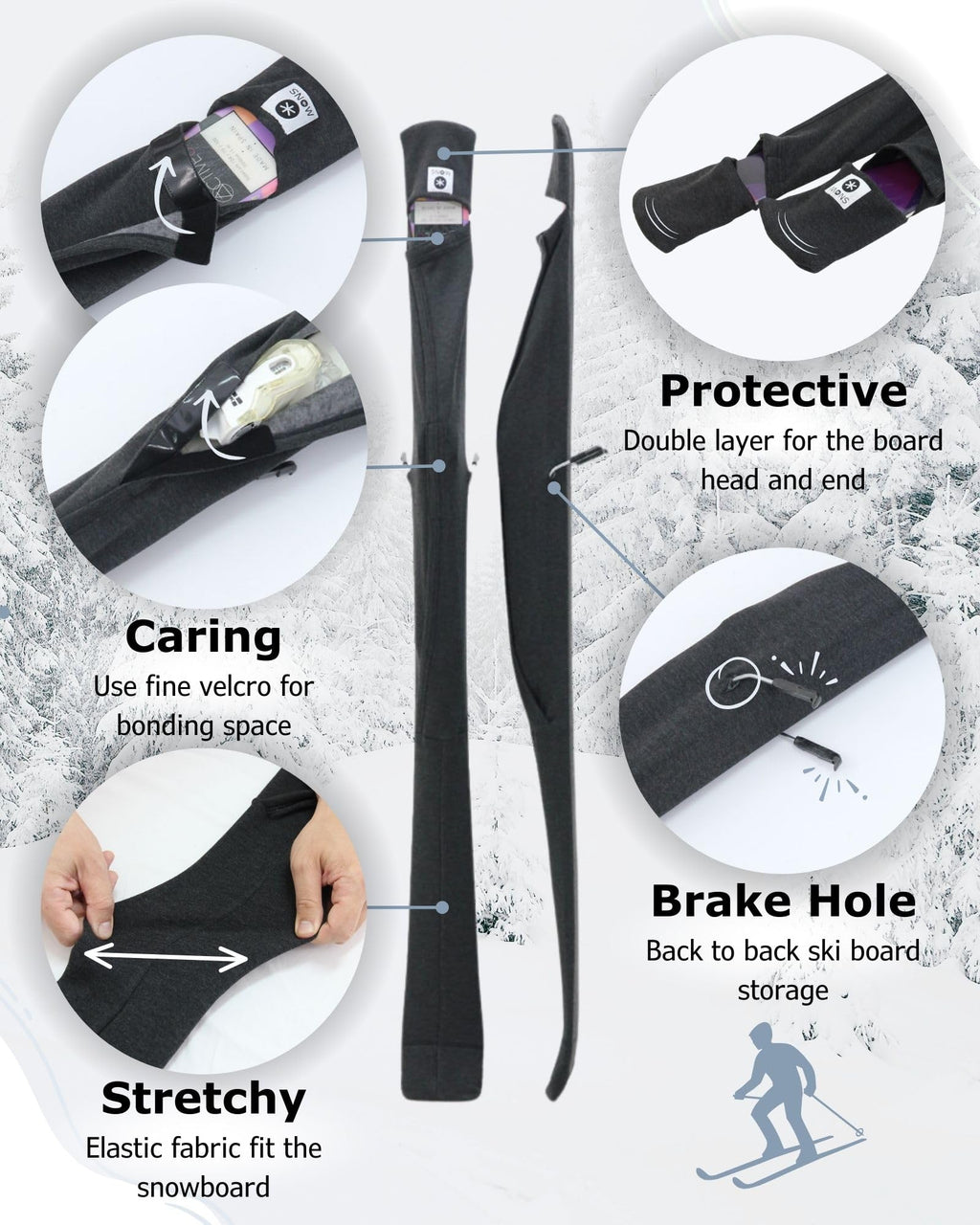 MONS Snow Skis Protection Fabric Soft Sleeve Cover – Elastic Ski Wrap (S)