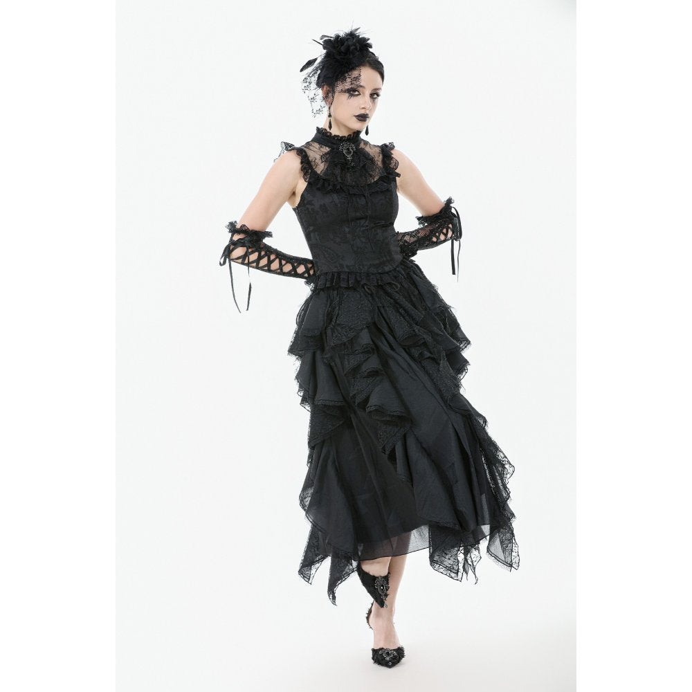 Dark in Love Seraphina Ruched Lace Goth Blouse - Black Satin