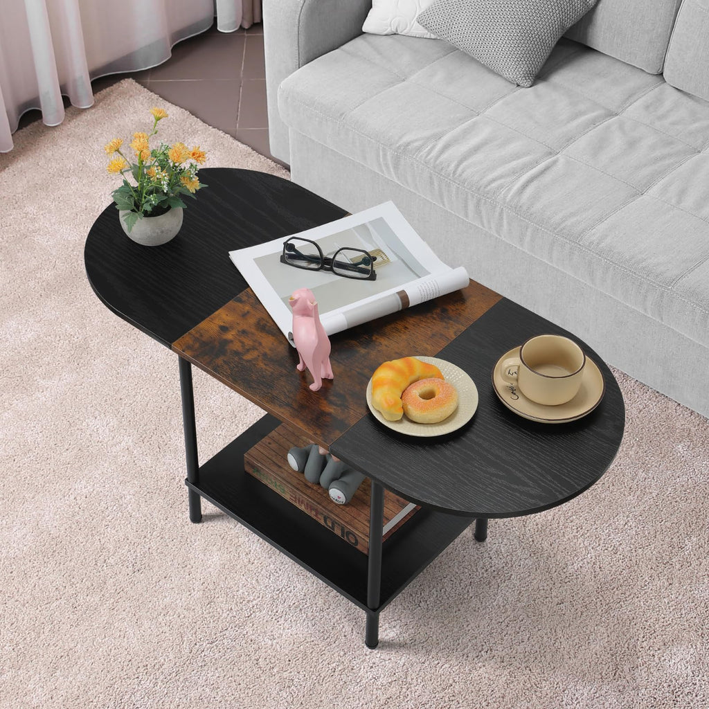 Shinoske Industrial Oval Coffee Table with Storage Shelf – Wood & Metal