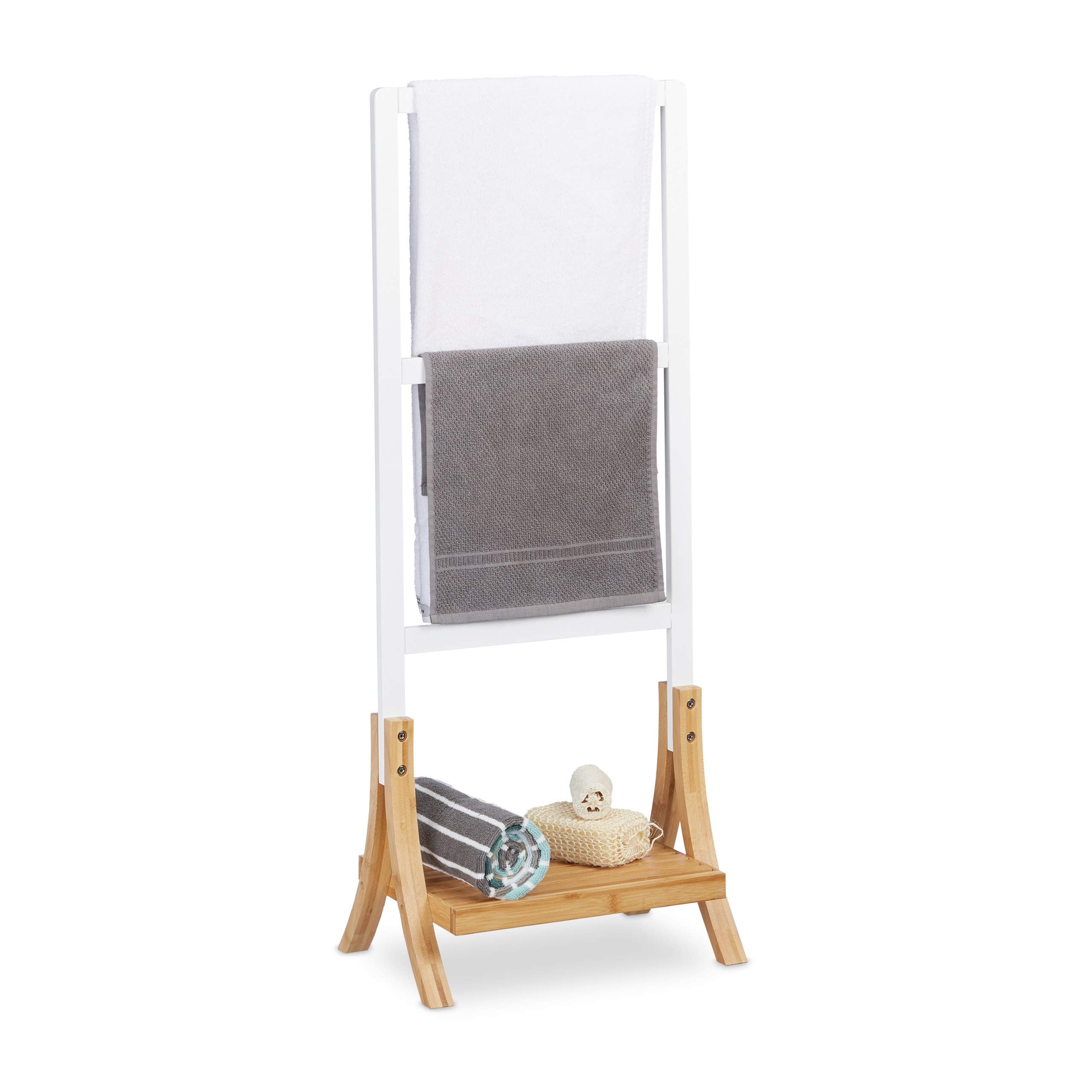 Relaxdays Bamboo Towel Holder – Freestanding 3-Rail Rack with Shelf