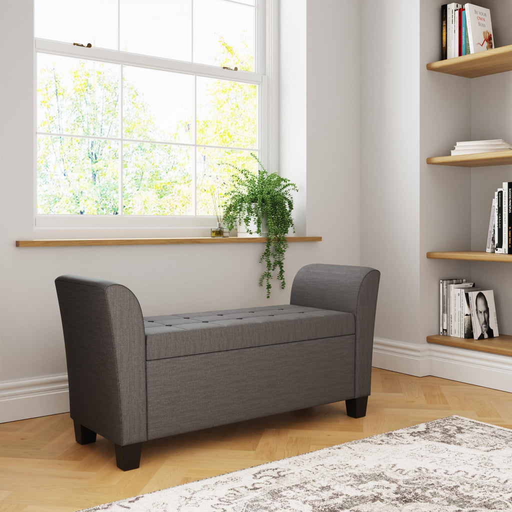 GFW Verona Window Seat Ottoman Storage Bench in Charcoal Grey, Upholstered Buttoned Seat with Hidden Storage & Wooden Feet - image 1