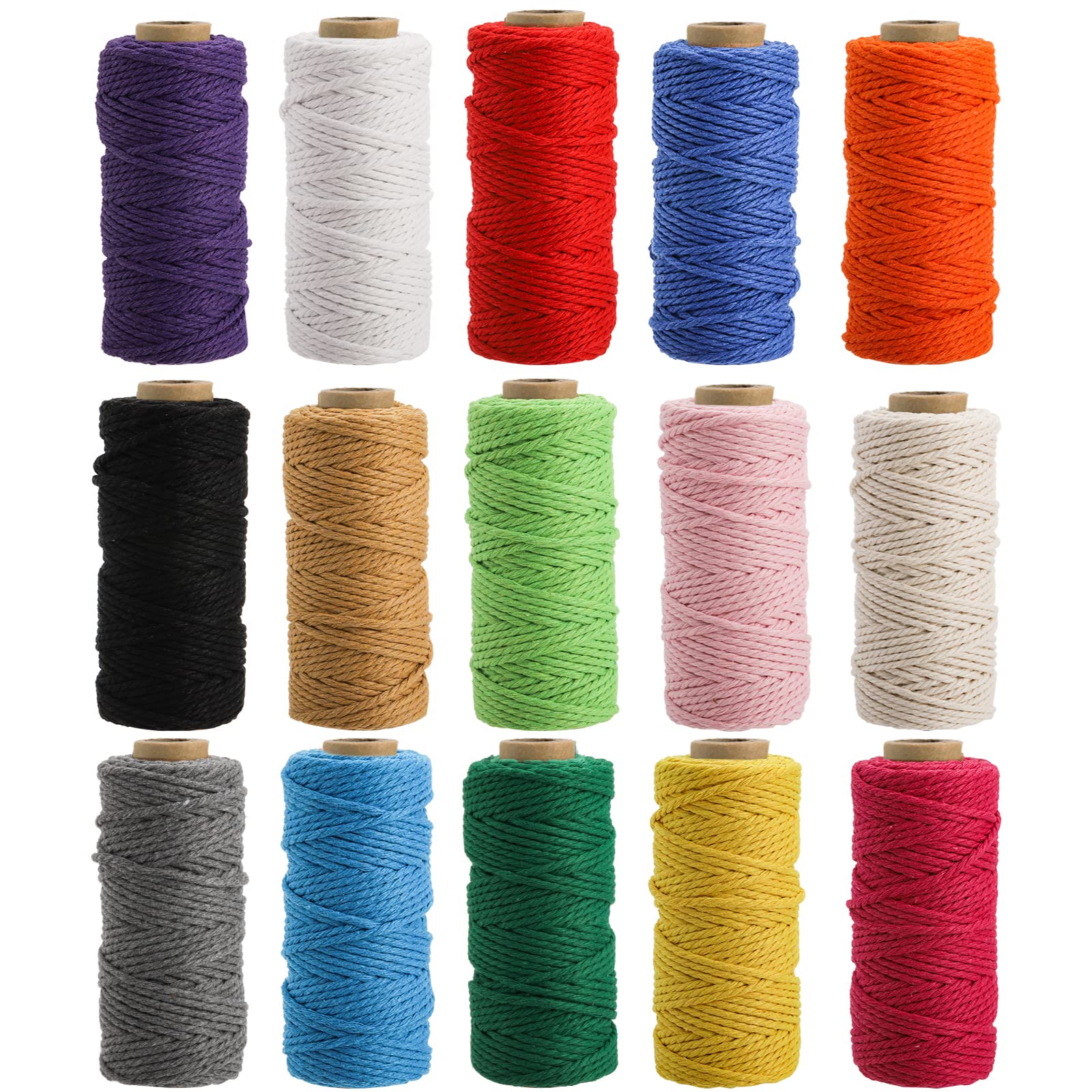 ZEAYEA 15 Rolls Macrame Cord | 2mm 3-Strand Twisted Cotton Twine String