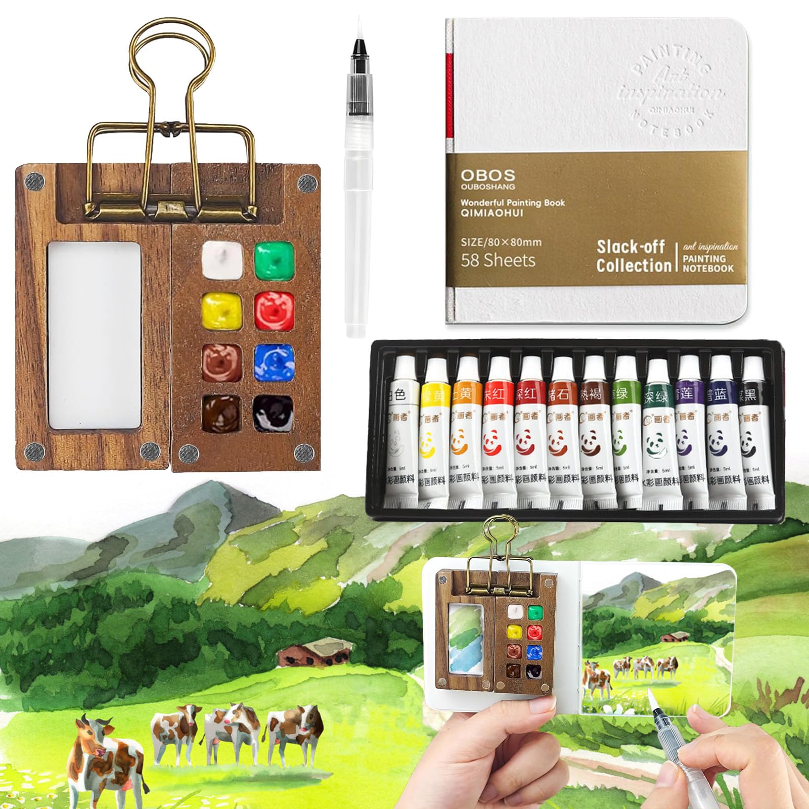 YouthLoxus 8-Grid Walnut Wood Mini Watercolour Paint Set - 5Pcs Travel Kit