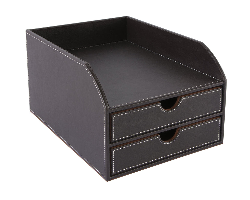 OSCO Brown Faux Leather 2-Tier Desk Sorter and A4 Letter Tray Organizer