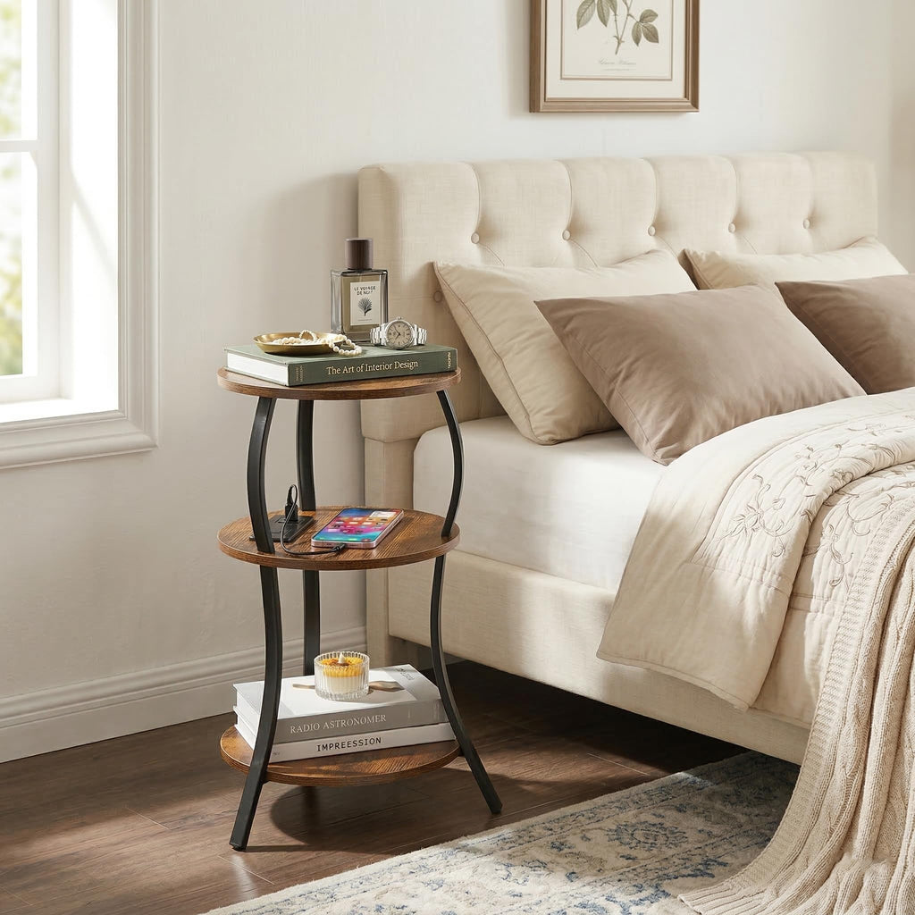 YEAKOO Small Side Table with Charging Station,3-Tier Round end Table - image 2