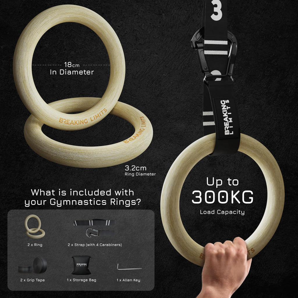BREAKING LIMITS Birch Wood Gymnastics Rings with Adjustable Straps
