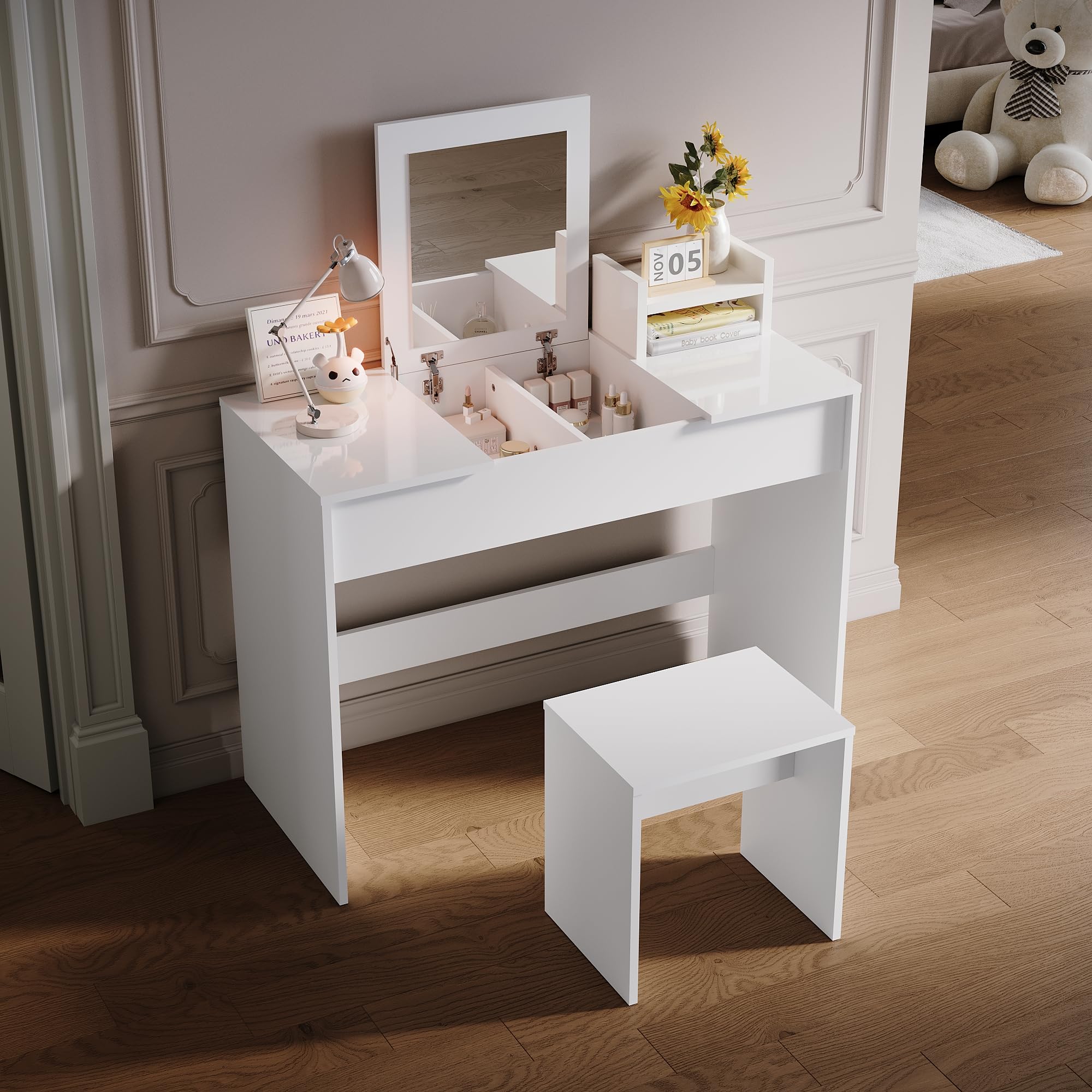 ELEGANT White Vanity Desk with Flip-Up Mirror and Stool – 2-in-1 Design