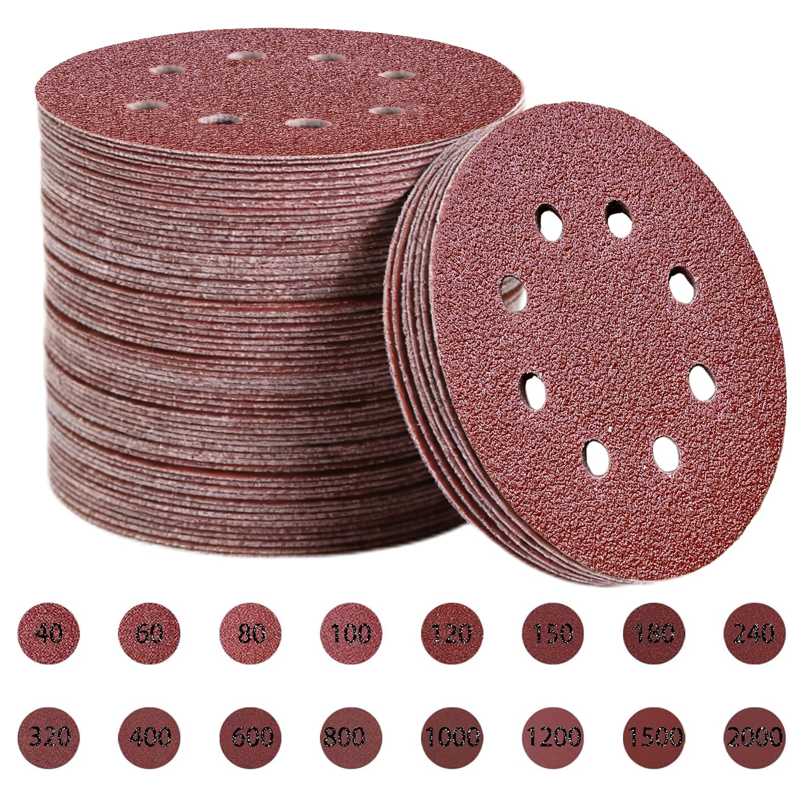 Toowood 200pcs Sanding Discs | 125mm 8-Hole Hook & Loop 40-2000 Grit