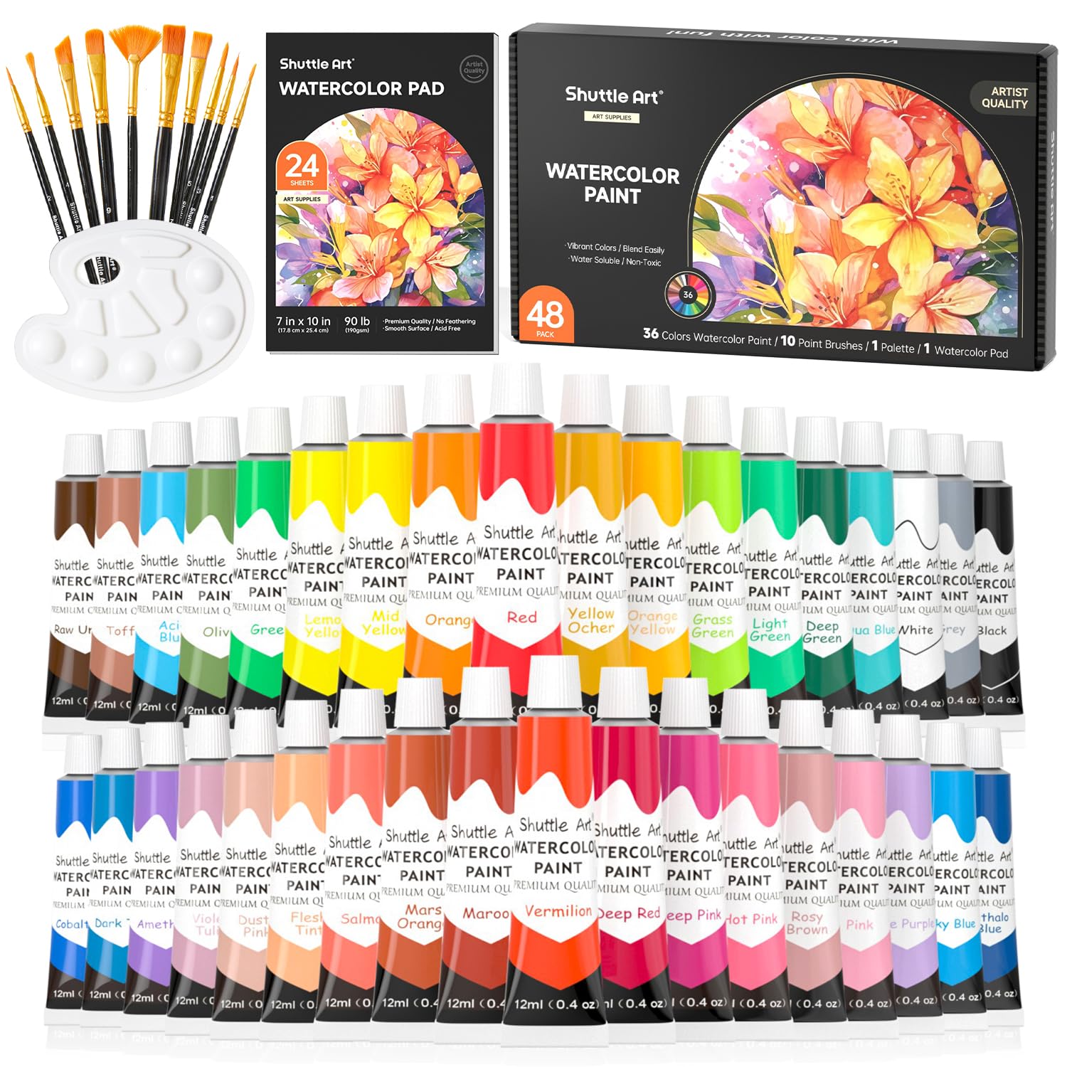 Shuttle Art 48-Piece Watercolour Paint Set - 36 Tubes, Brushes & Pad