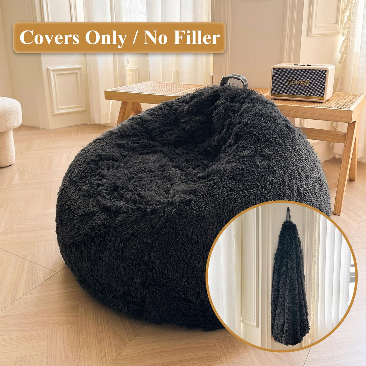 XeGe Fluffy Stuffed Animal Storage Bean Bag CoverNo Filler, Dark Grey - image 2