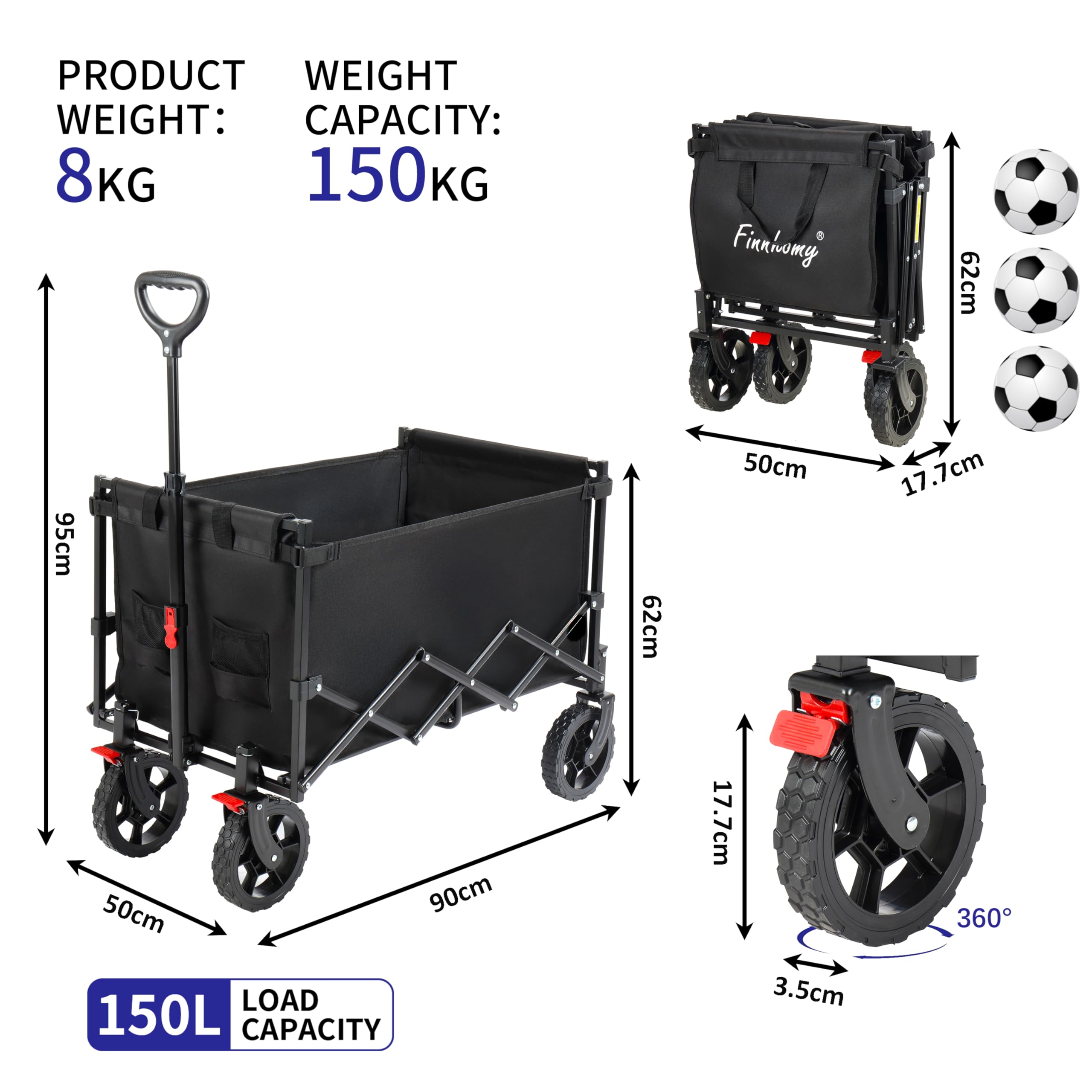Finnhomy Folding Camping Trolley – 150kg Heavy Duty Wagon with Brake