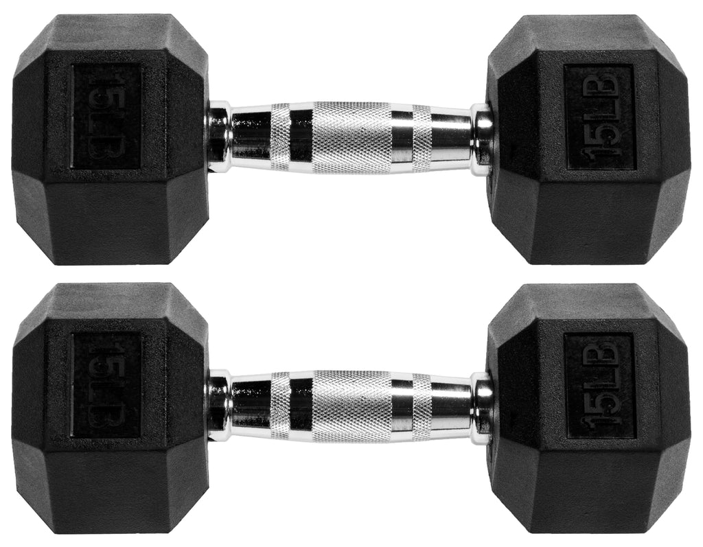 Signature Fitness Rubber Encased Hex Dumbbells, 15LB Pair | Black