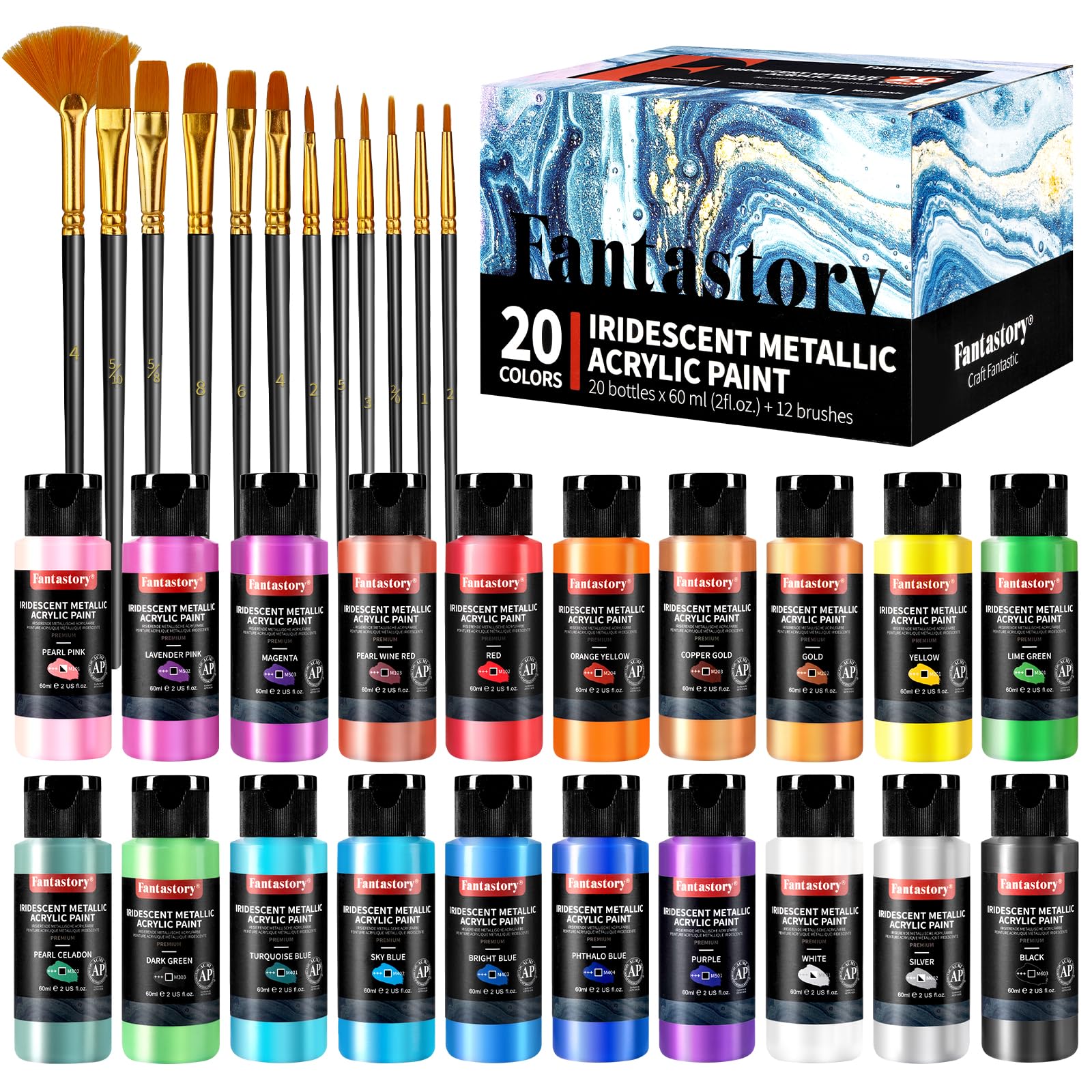 Fantastory Metallic Acrylic Paint Set – 20 Iridescent Colors with 12 Brushes