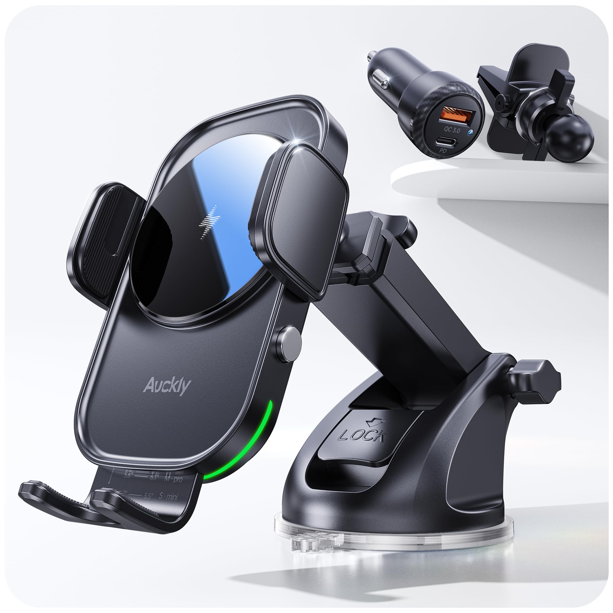 Auckly 15W Fast Wireless Car Charger - Auto Sensor Phone Holder Mount